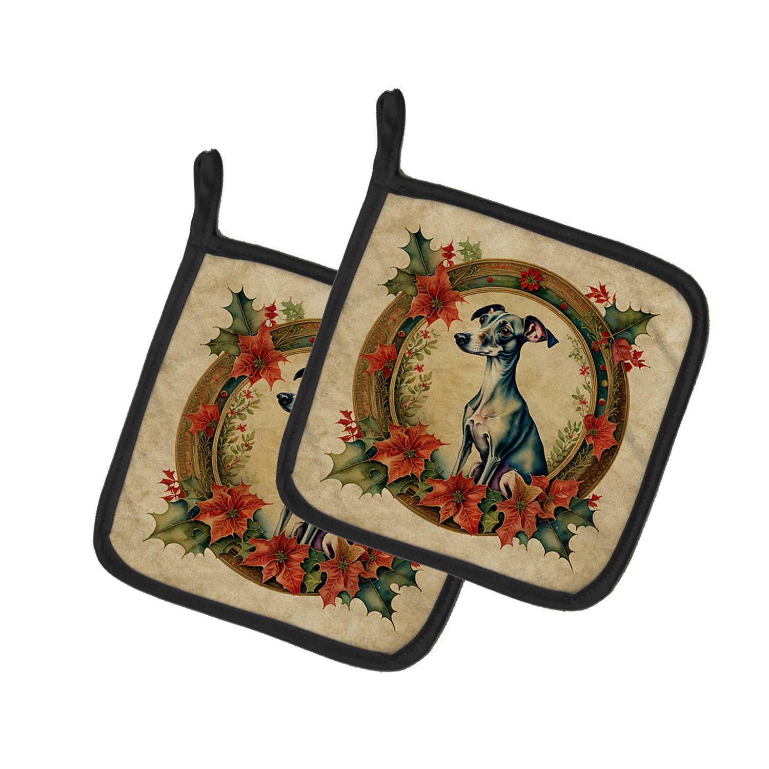 Italian Greyhound Christmas Flowers Pair of Pot Holders Kitchen Heat Resistant Pot Holders Sets Oven Hot Pads for Cooking Baking BBQ, 7 1/2 x 7 1/2