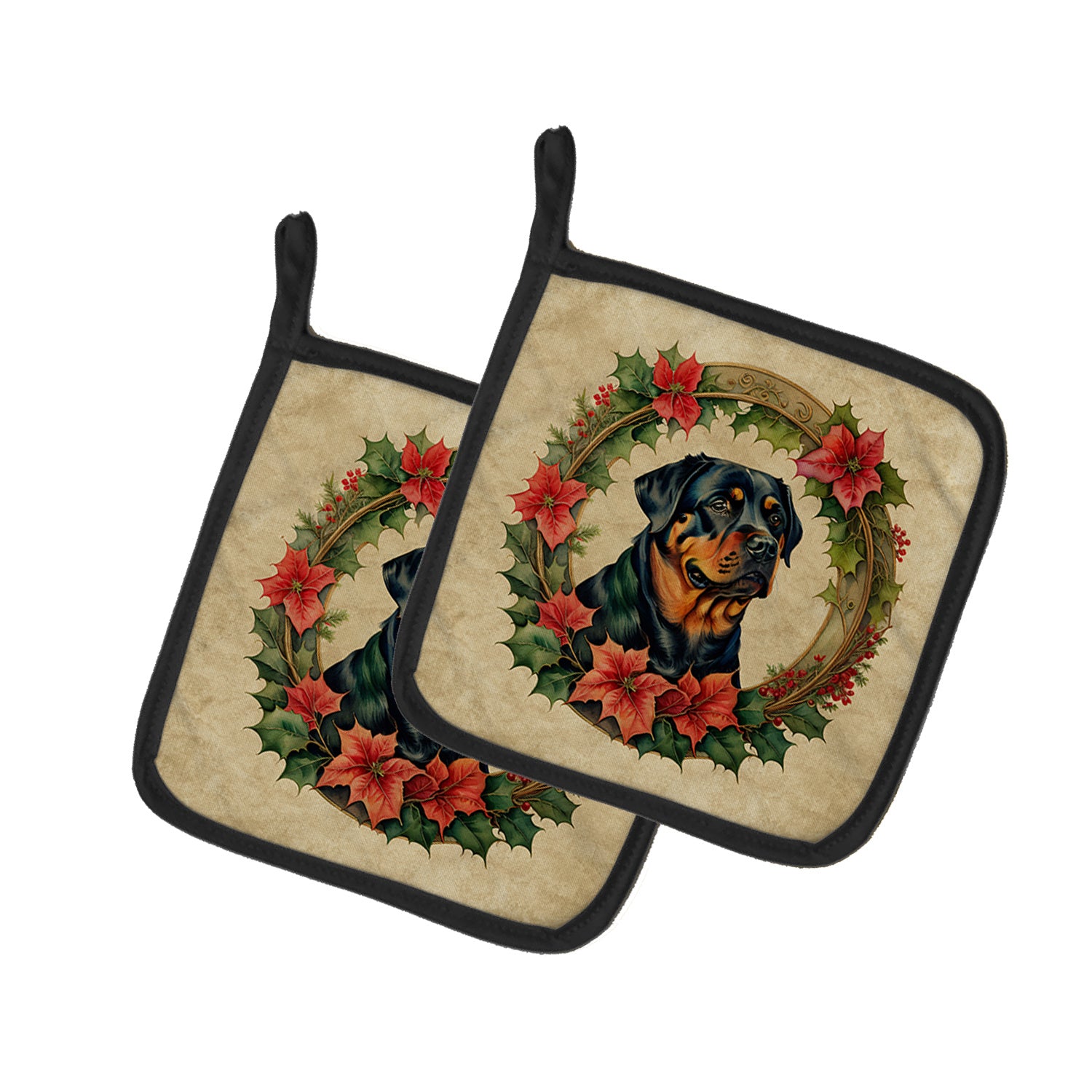 Rottweiler Christmas Flowers Pair of Pot Holders Kitchen Heat Resistant Pot Holders Sets Oven Hot Pads for Cooking Baking BBQ, 7 1/2 x 7 1/2