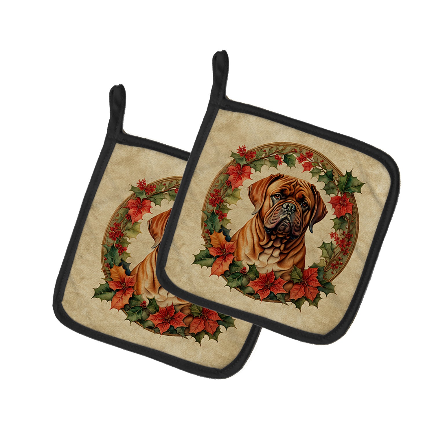 Dogue de Bordeaux Christmas Flowers Pair of Pot Holders Kitchen Heat Resistant Pot Holders Sets Oven Hot Pads for Cooking Baking BBQ, 7 1/2 x 7 1/2