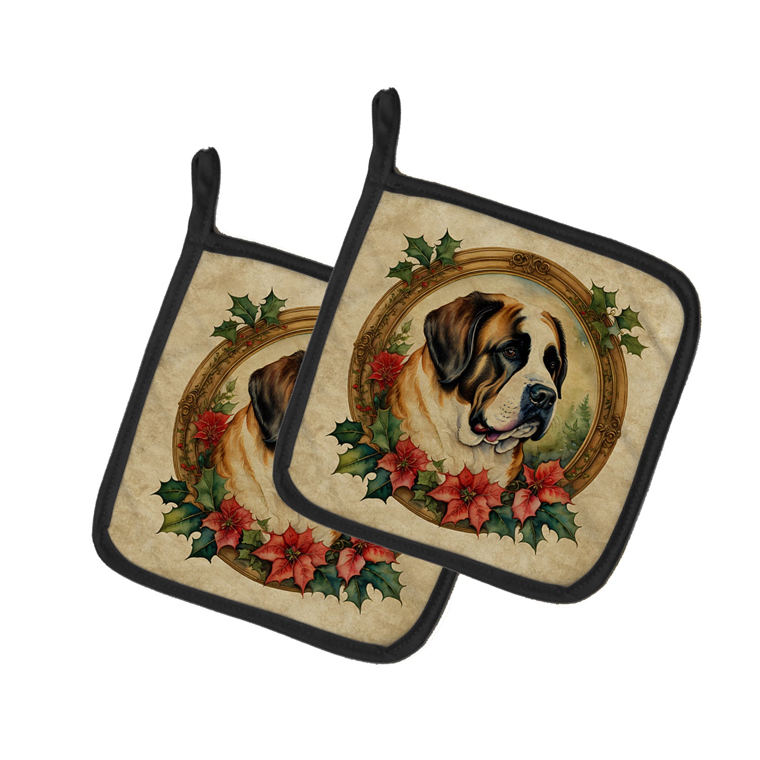 Saint Bernard Christmas Flowers Pair of Pot Holders Kitchen Heat Resistant Pot Holders Sets Oven Hot Pads for Cooking Baking BBQ, 7 1/2 x 7 1/2