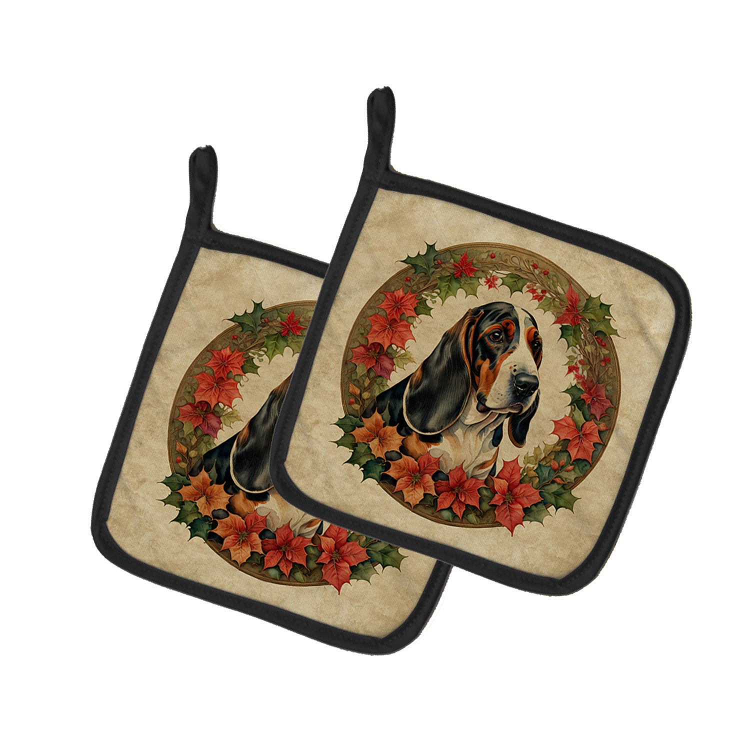 Basset Hound Christmas Flowers Pair of Pot Holders Kitchen Heat Resistant Pot Holders Sets Oven Hot Pads for Cooking Baking BBQ, 7 1/2 x 7 1/2