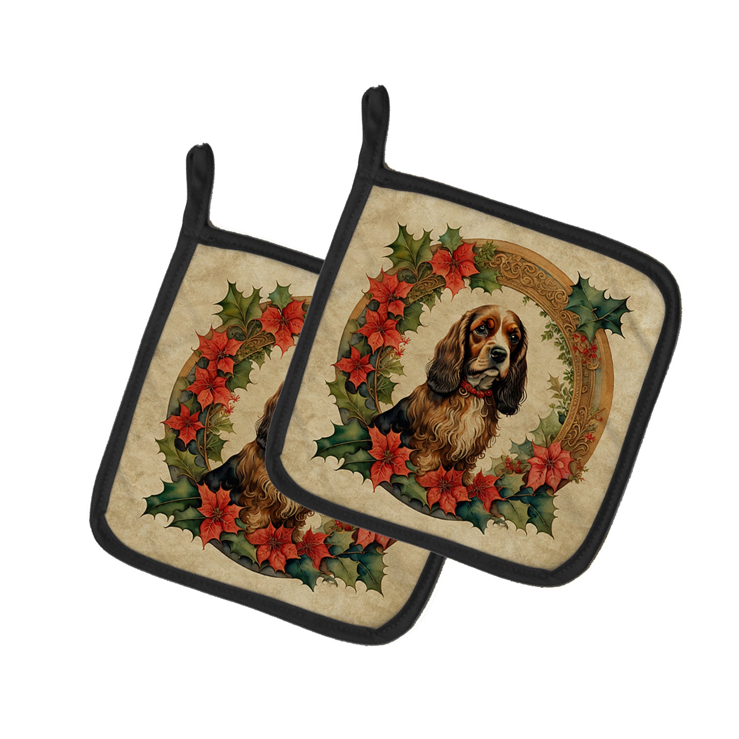 English Cocker Spaniel Christmas Flowers Pair of Pot Holders Kitchen Heat Resistant Pot Holders Sets Oven Hot Pads for Cooking Baking BBQ, 7 1/2 x 7 1/2