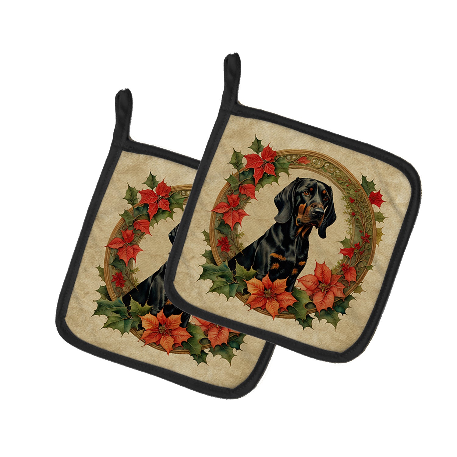 Black and Tan Coonhound Christmas Flowers Pair of Pot Holders Kitchen Heat Resistant Pot Holders Sets Oven Hot Pads for Cooking Baking BBQ, 7 1/2 x 7 1/2