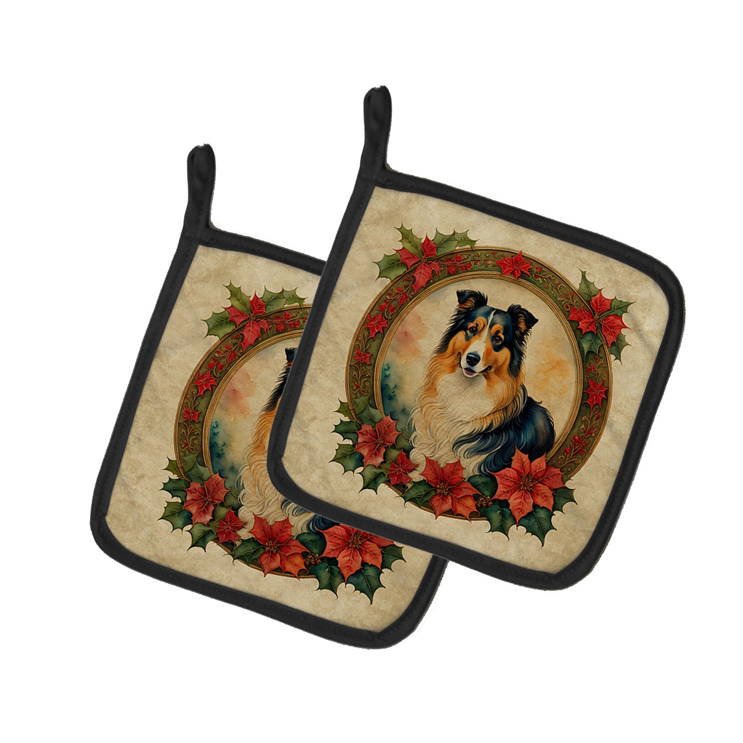 Collie Christmas Flowers Pair of Pot Holders Kitchen Heat Resistant Pot Holders Sets Oven Hot Pads for Cooking Baking BBQ, 7 1/2 x 7 1/2