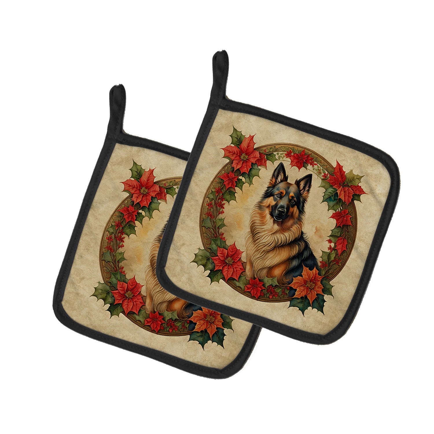 Belgian Tervuren Christmas Flowers Pair of Pot Holders Kitchen Heat Resistant Pot Holders Sets Oven Hot Pads for Cooking Baking BBQ, 7 1/2 x 7 1/2