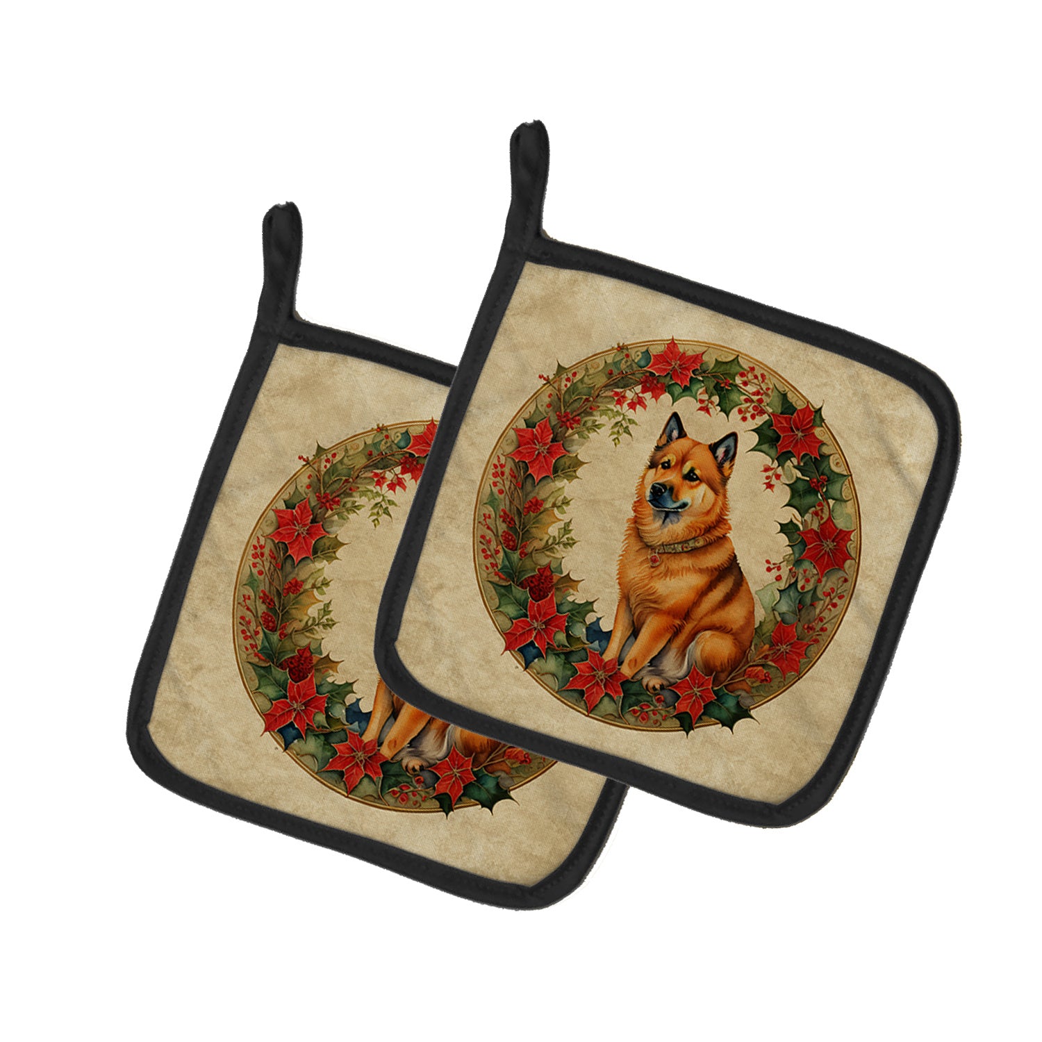 Finnish Spitz Christmas Flowers Pair of Pot Holders Kitchen Heat Resistant Pot Holders Sets Oven Hot Pads for Cooking Baking BBQ, 7 1/2 x 7 1/2