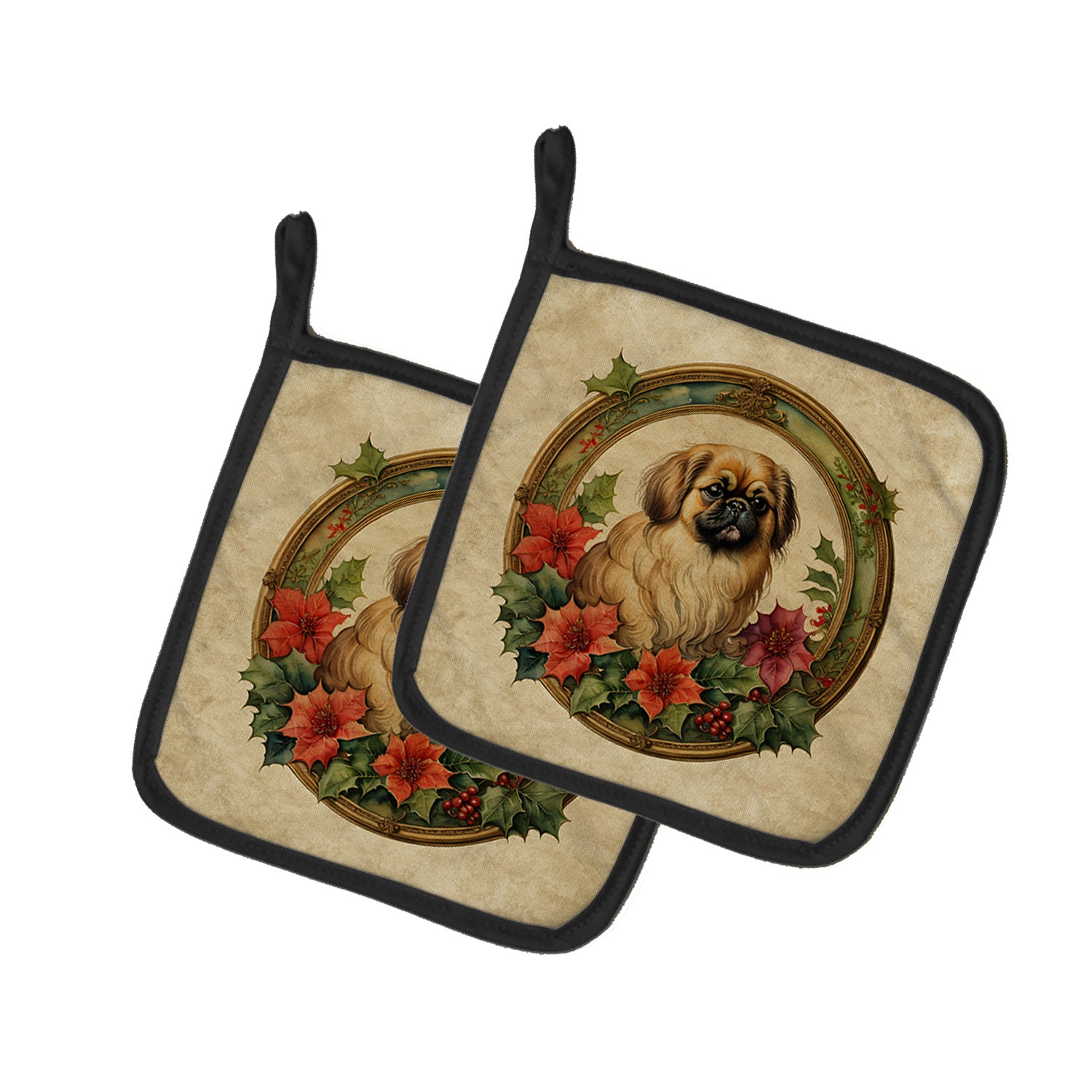 Pekingese Christmas Flowers Pair of Pot Holders Kitchen Heat Resistant Pot Holders Sets Oven Hot Pads for Cooking Baking BBQ, 7 1/2 x 7 1/2