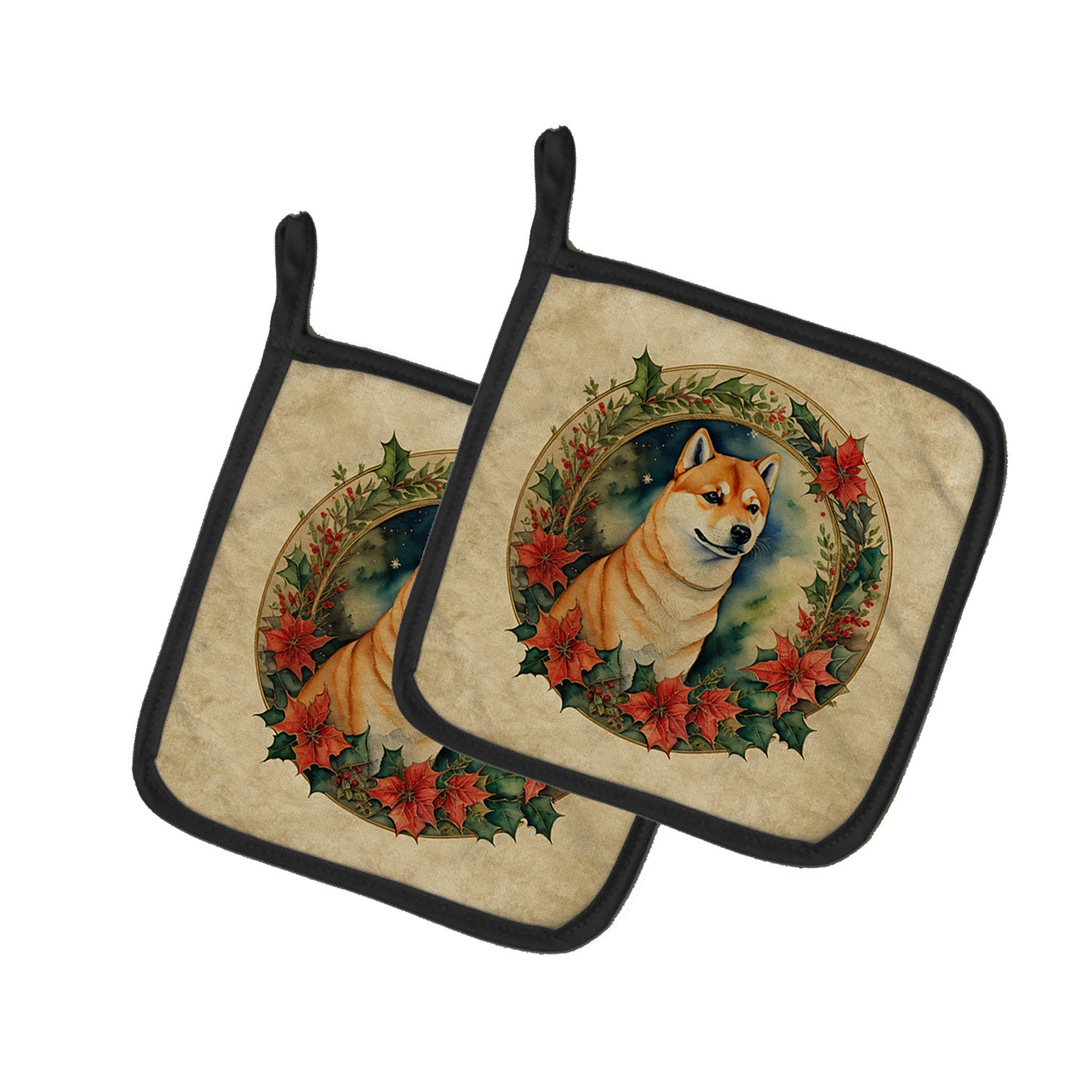 Shiba Inu Christmas Flowers Pair of Pot Holders Kitchen Heat Resistant Pot Holders Sets Oven Hot Pads for Cooking Baking BBQ, 7 1/2 x 7 1/2