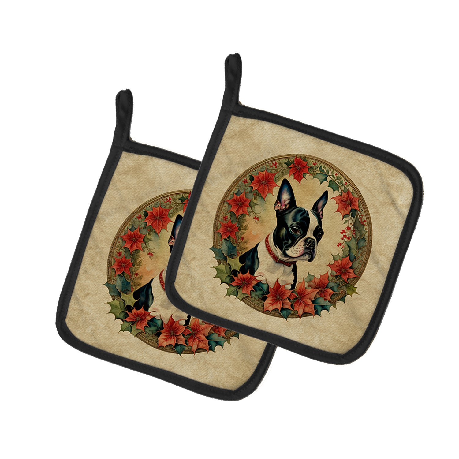 Boston Terrier Christmas Flowers Pair of Pot Holders Kitchen Heat Resistant Pot Holders Sets Oven Hot Pads for Cooking Baking BBQ, 7 1/2 x 7 1/2