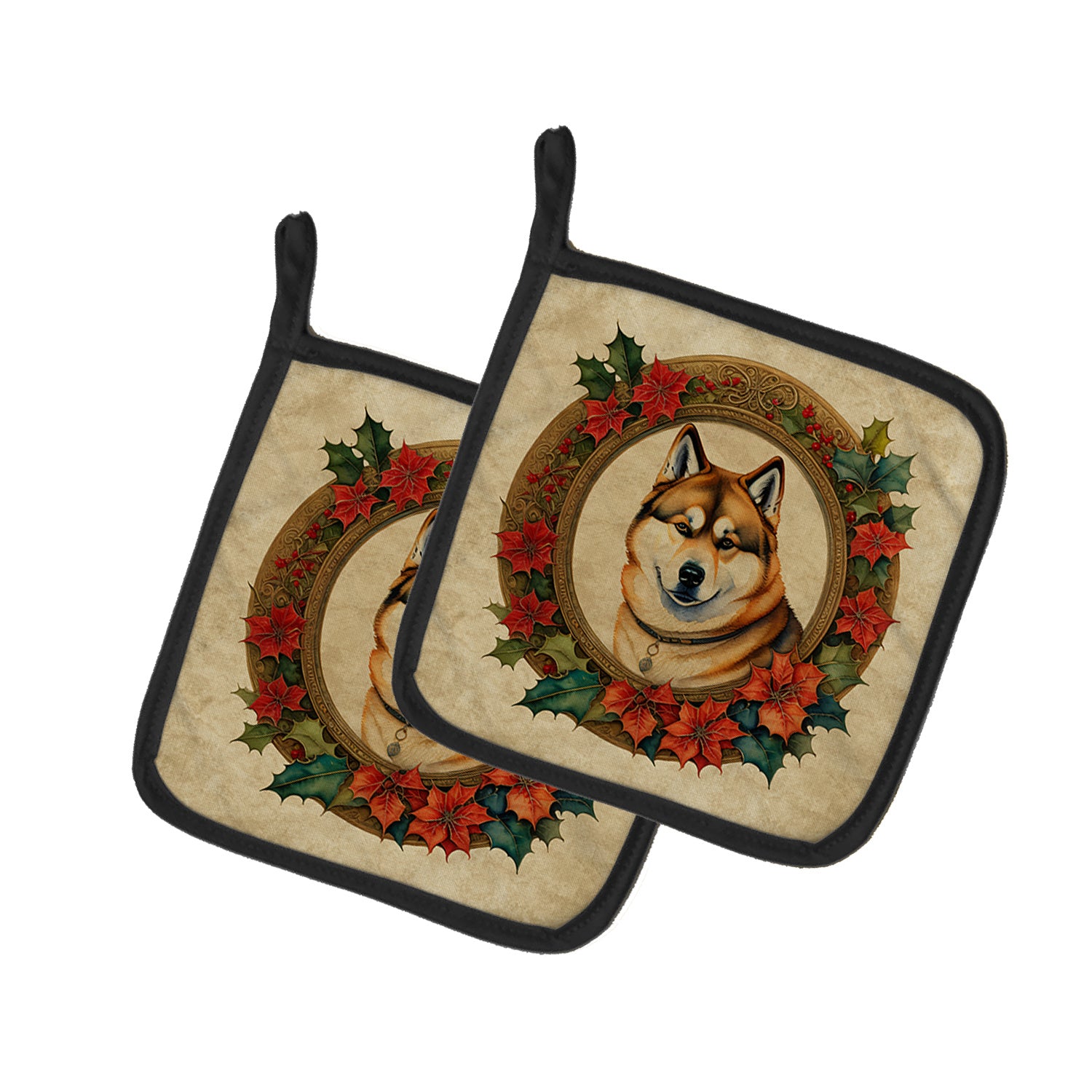 Akita Christmas Flowers Pair of Pot Holders Kitchen Heat Resistant Pot Holders Sets Oven Hot Pads for Cooking Baking BBQ, 7 1/2 x 7 1/2