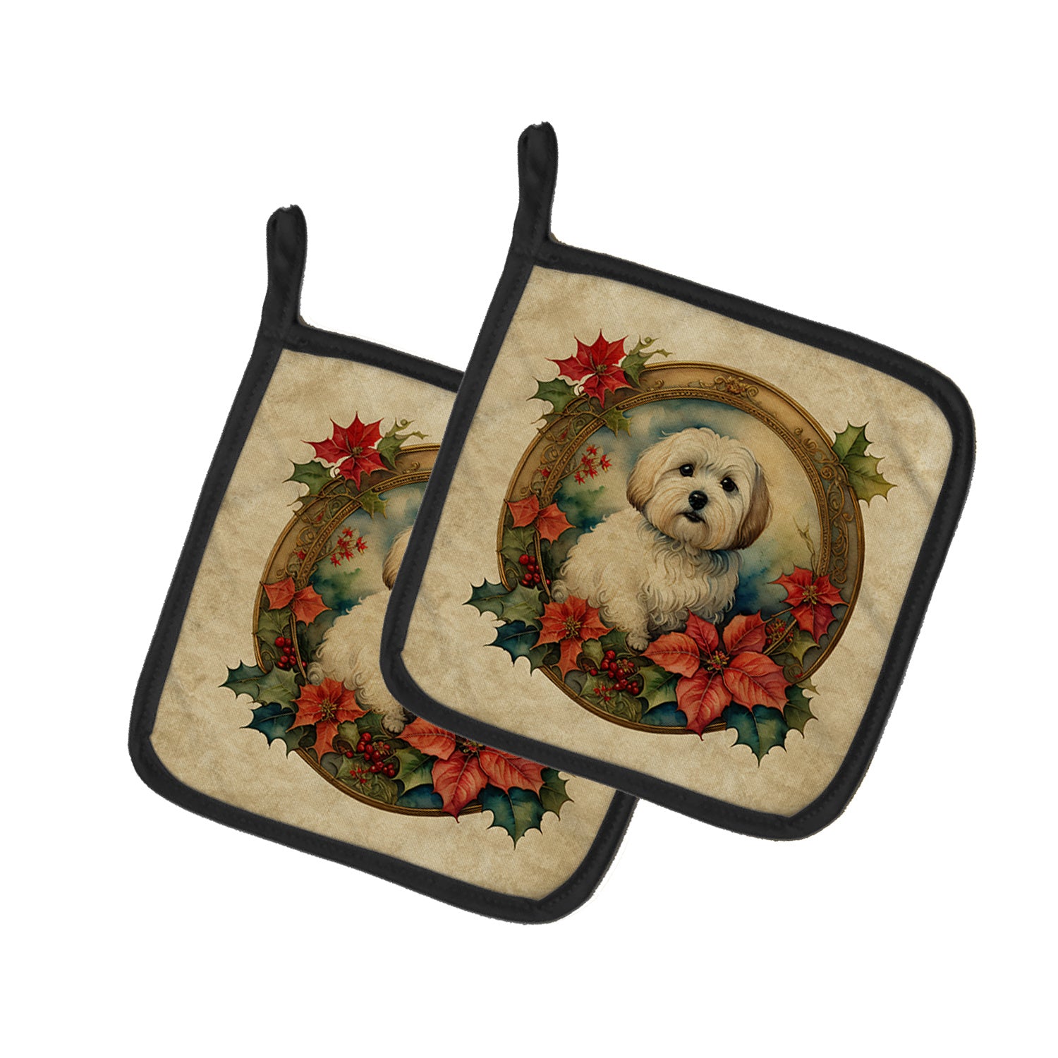 Coton De Tulear Christmas Flowers Pair of Pot Holders Kitchen Heat Resistant Pot Holders Sets Oven Hot Pads for Cooking Baking BBQ, 7 1/2 x 7 1/2