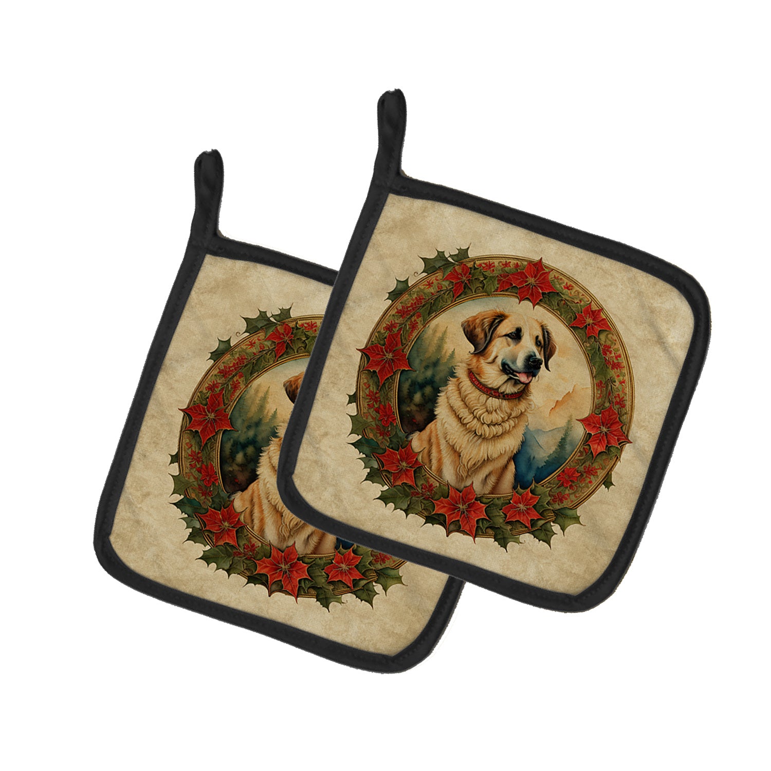 Anatolian Shepherd Dog Christmas Flowers Pair of Pot Holders Kitchen Heat Resistant Pot Holders Sets Oven Hot Pads for Cooking Baking BBQ, 7 1/2 x 7 1/2