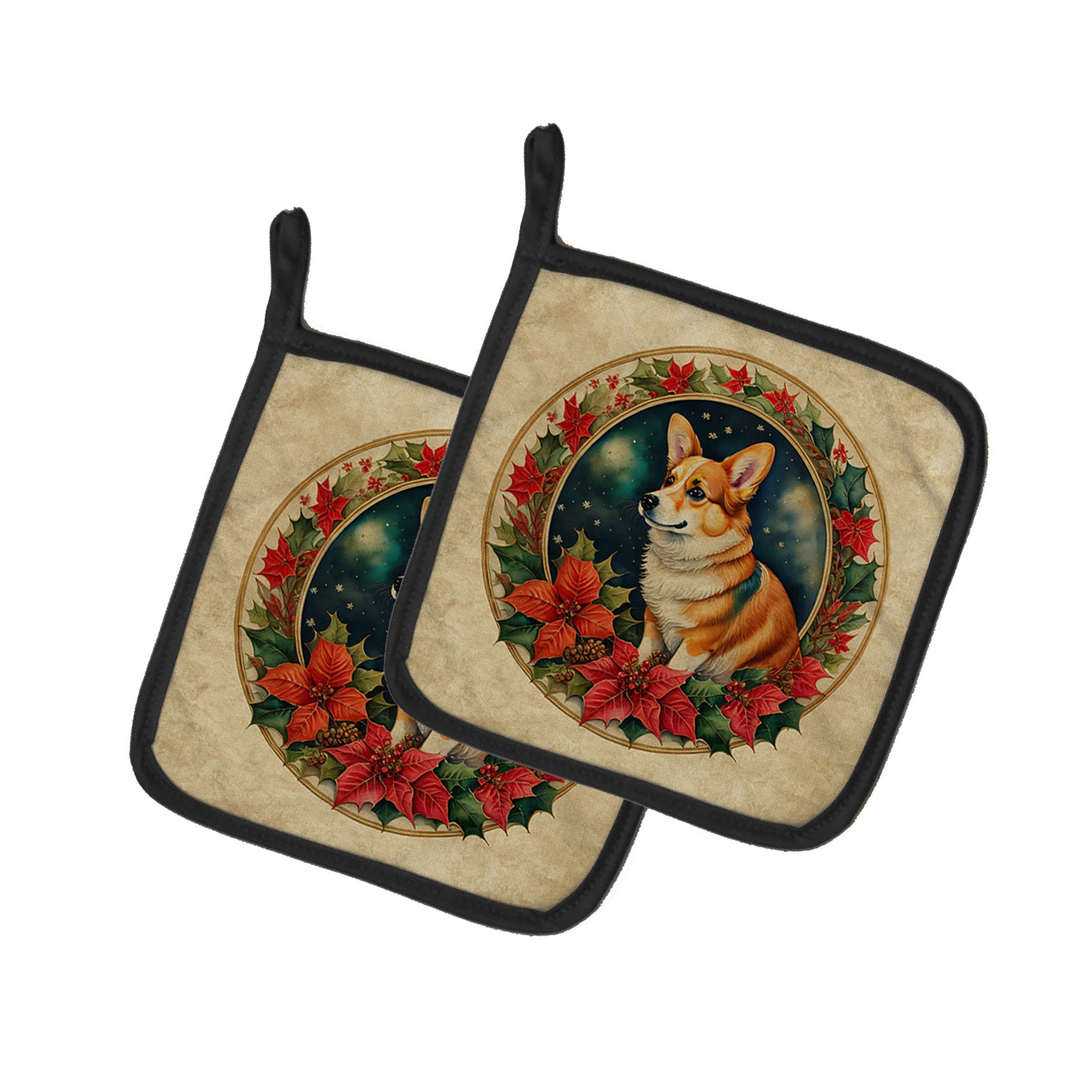 Corgi Christmas Flowers Pair of Pot Holders Kitchen Heat Resistant Pot Holders Sets Oven Hot Pads for Cooking Baking BBQ, 7 1/2 x 7 1/2