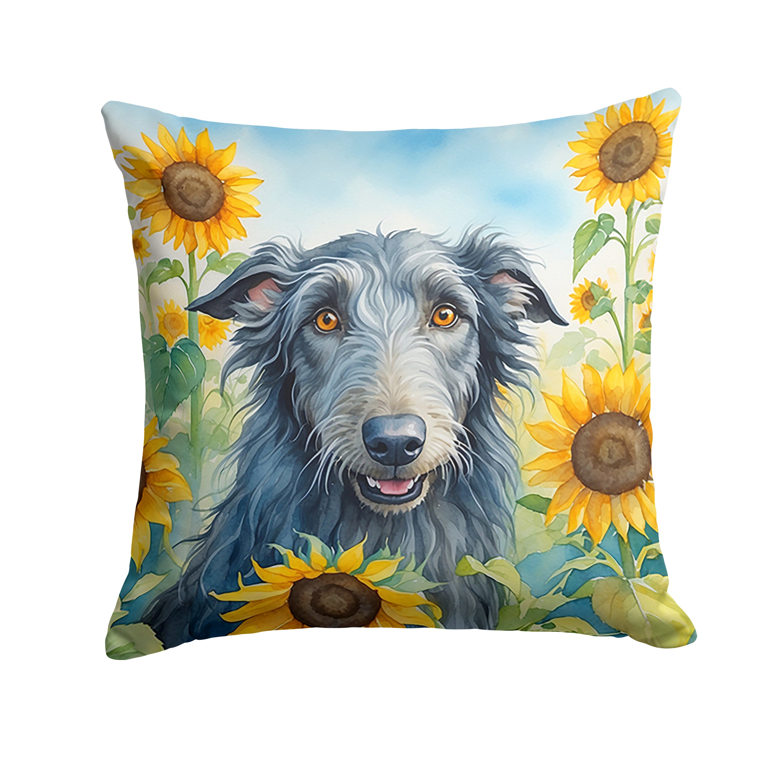 Scottish Deerhound in Sunflowers Throw Pillow Machine Washable, Indoor Outdoor Decorative Pillow for Couch, Bed or Patio, 14Hx14W