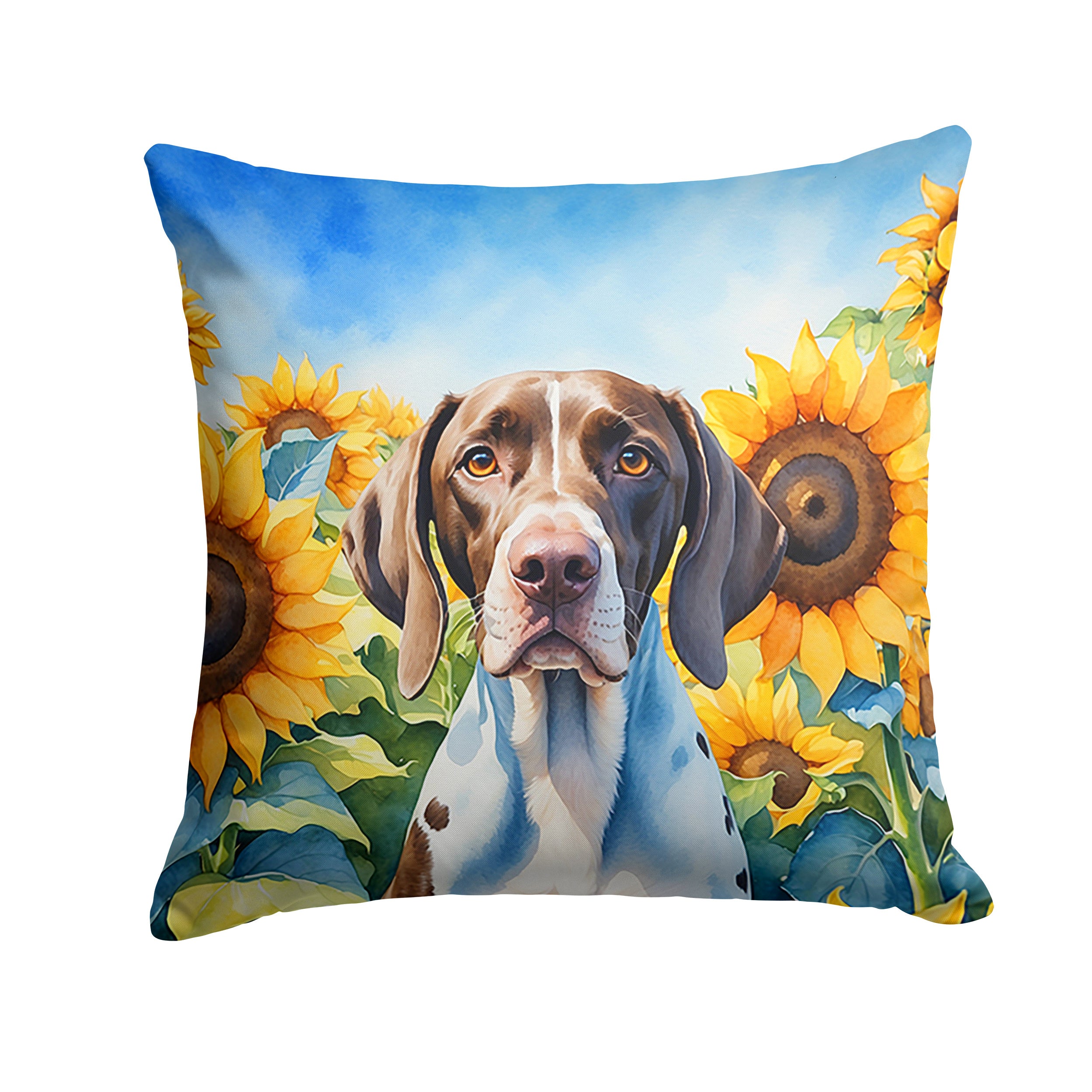 Pointer in Sunflowers Throw Pillow Machine Washable, Indoor Outdoor Decorative Pillow for Couch, Bed or Patio, 14Hx14W