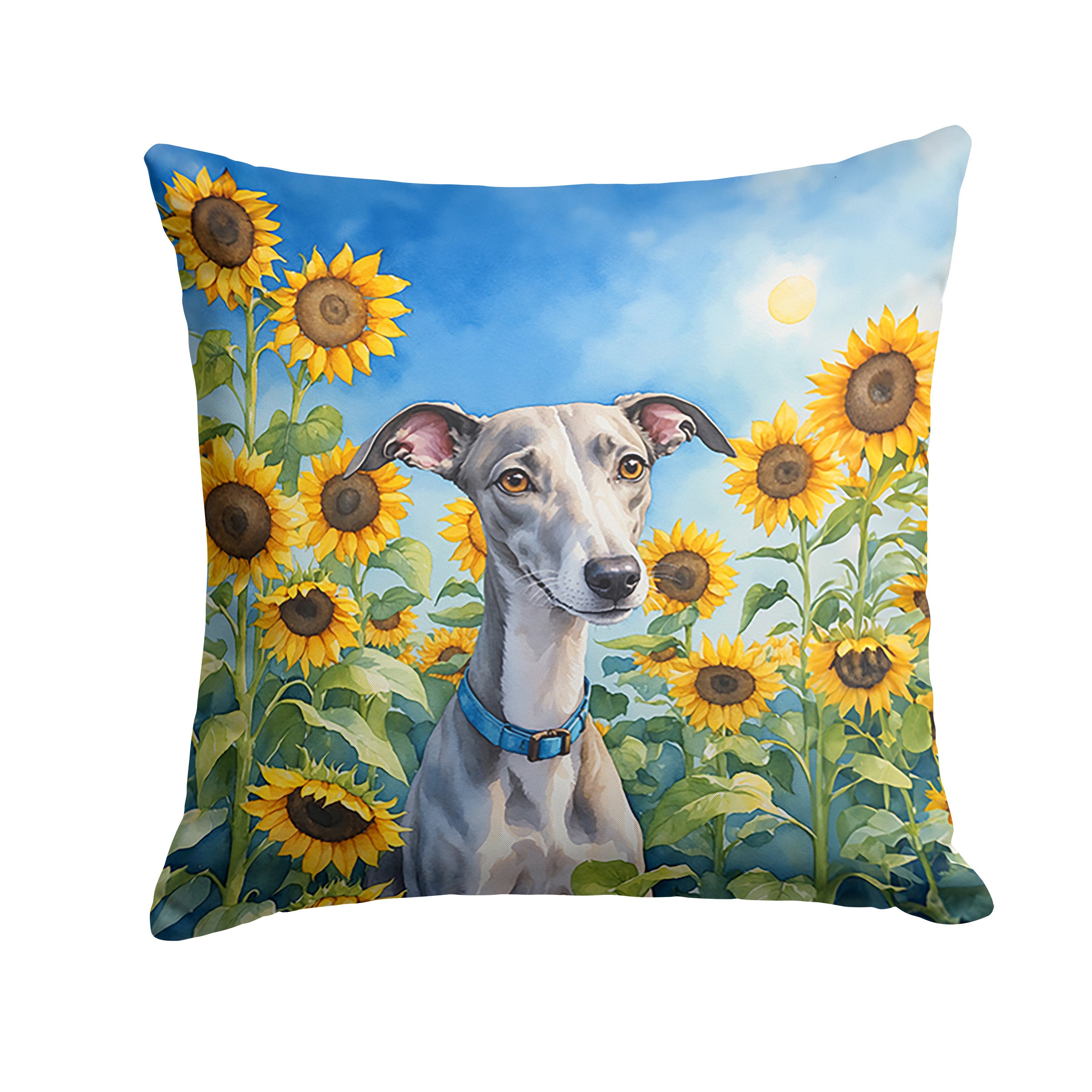 Whippet in Sunflowers Throw Pillow Machine Washable, Indoor Outdoor Decorative Pillow for Couch, Bed or Patio, 14Hx14W