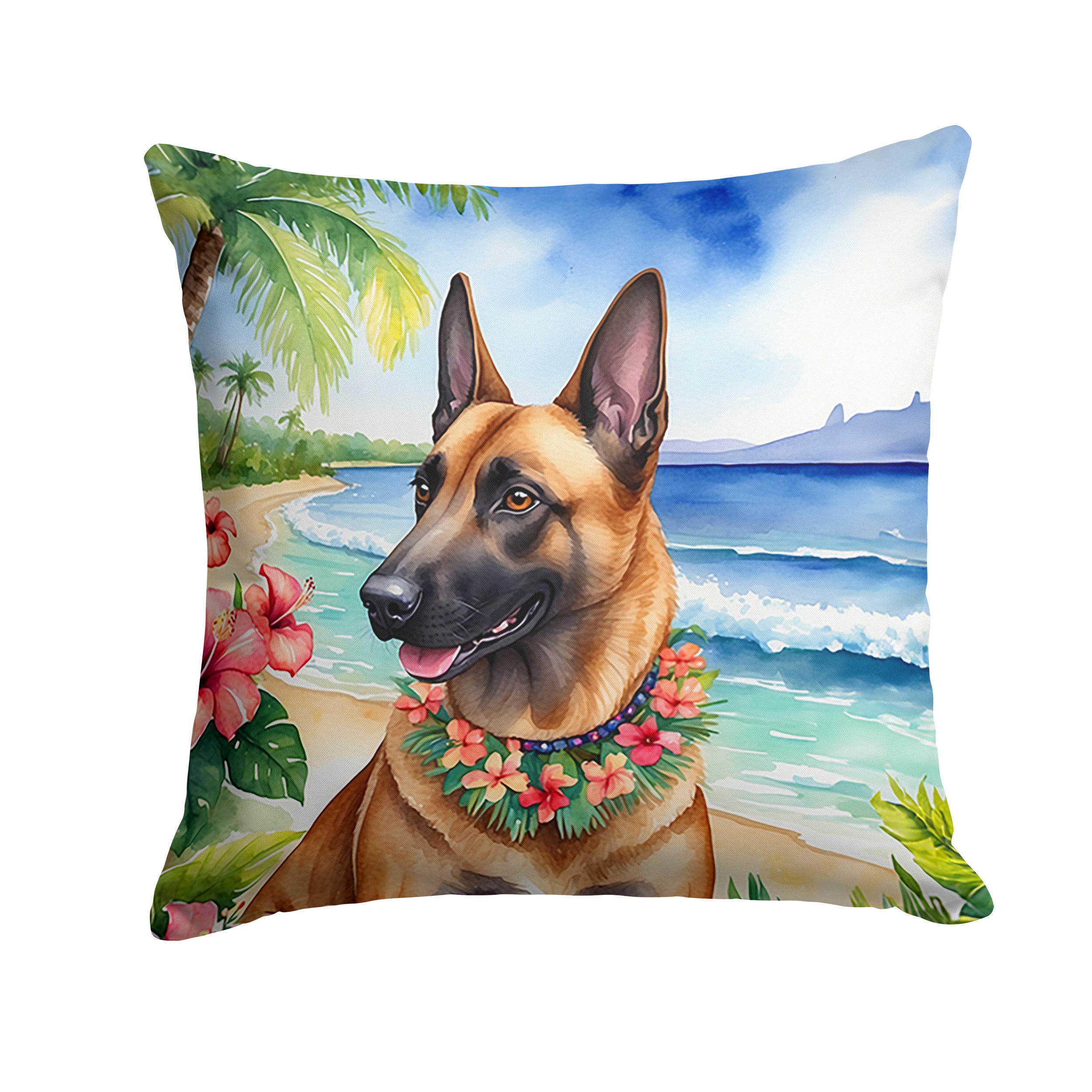 Belgian Malinois Luau Throw Pillow Machine Washable, Indoor Outdoor Decorative Pillow for Couch, Bed or Patio, 14Hx14W