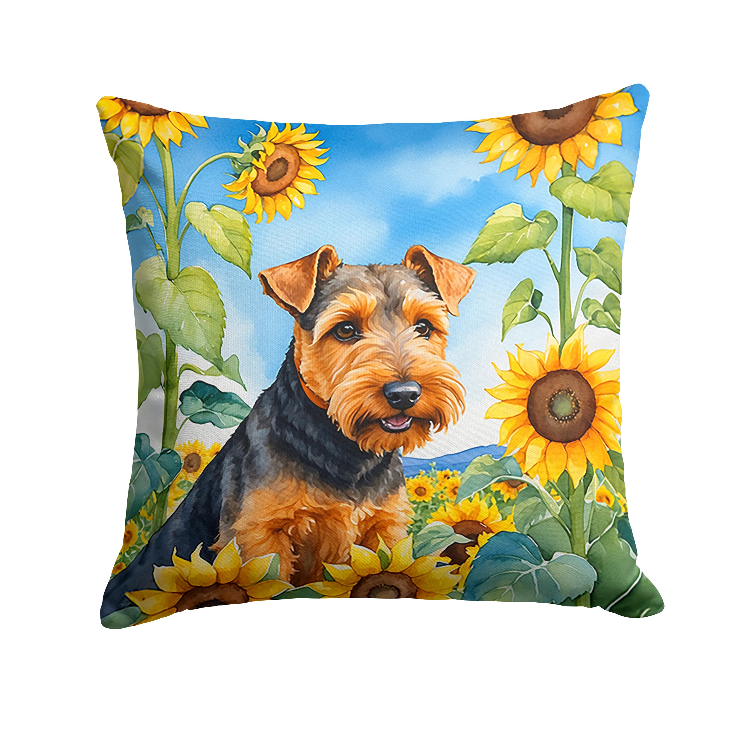 Welsh Terrier in Sunflowers Throw Pillow Machine Washable, Indoor Outdoor Decorative Pillow for Couch, Bed or Patio, 14Hx14W