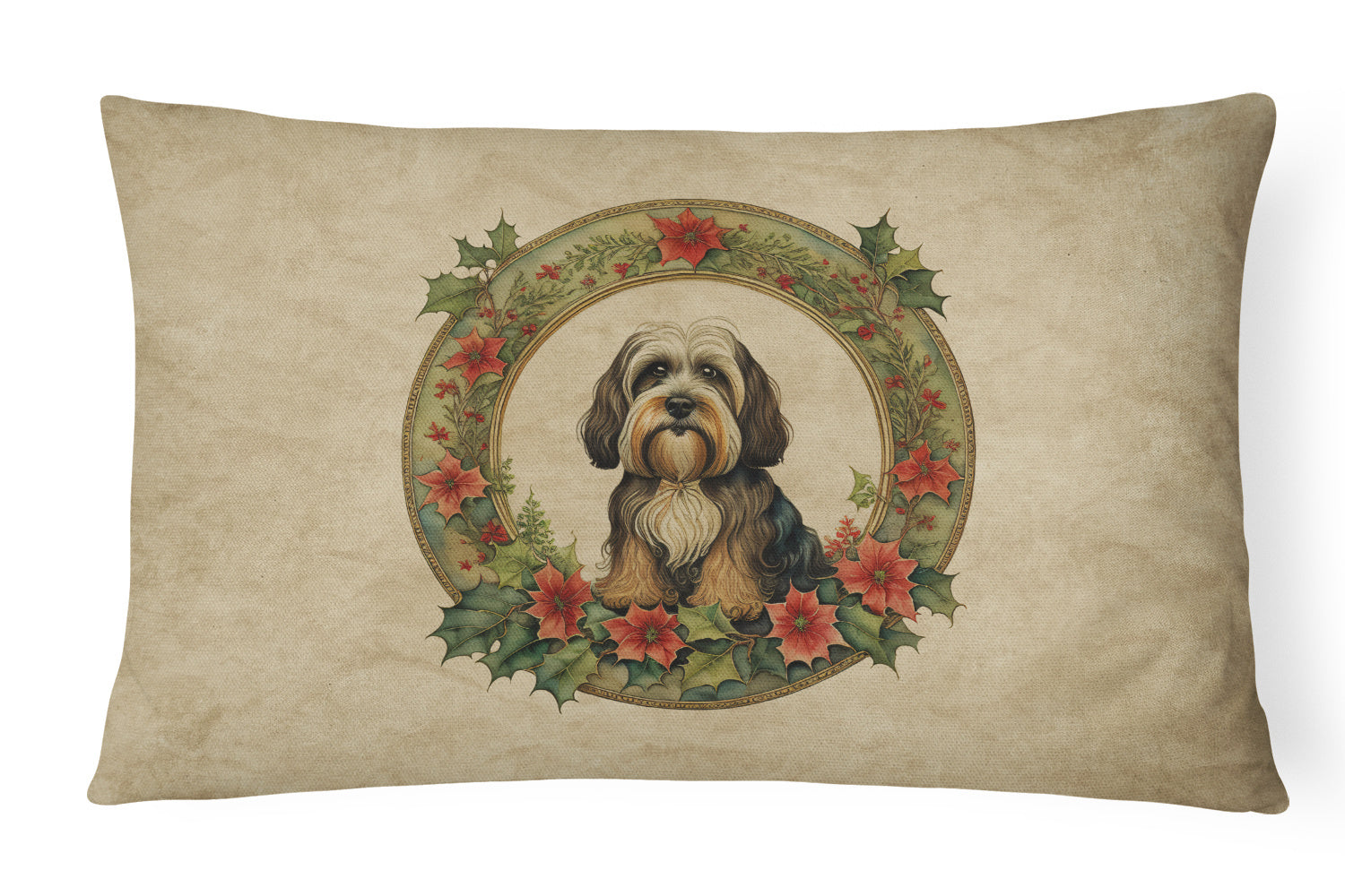 Christmas Flowers Frame Throw Pillow Throw Pillow for Indoor Couch Bed Outdoor Patio Washable, Tibetan Terrier 2439,12Hx16W