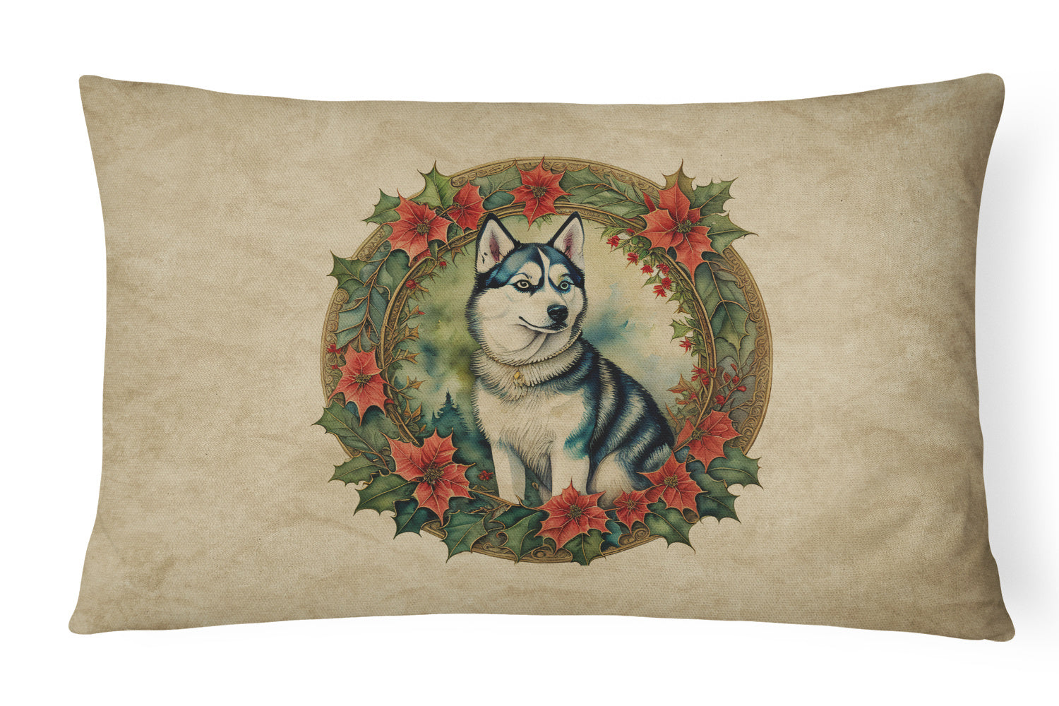 Christmas Flowers Frame Throw Pillow Throw Pillow for Indoor Couch Bed Outdoor Patio Washable, Siberian Husky 2433,12Hx16W