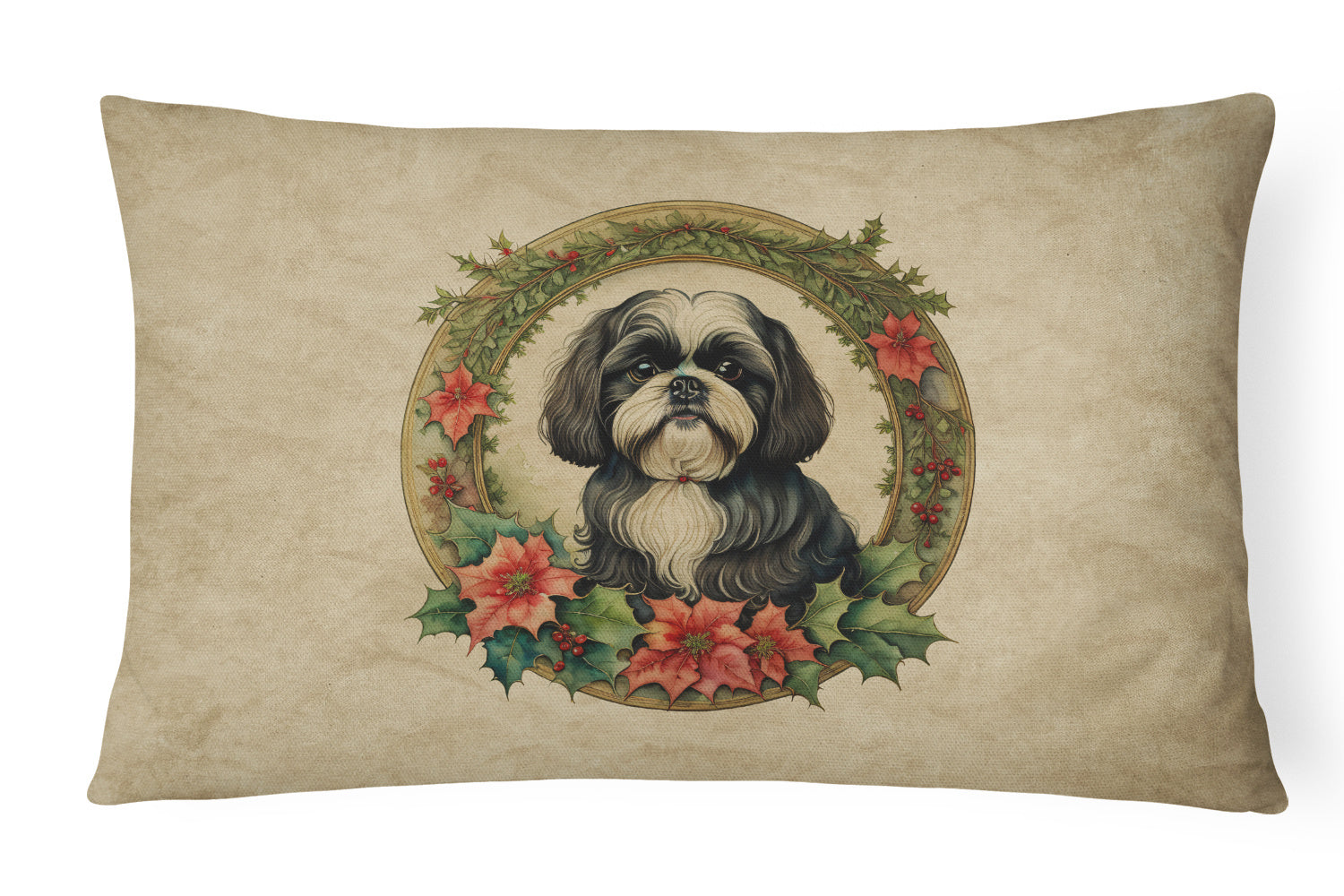 Christmas Flowers Frame Throw Pillow Throw Pillow for Indoor Couch Bed Outdoor Patio Washable, Shih Tzu 2432,12Hx16W