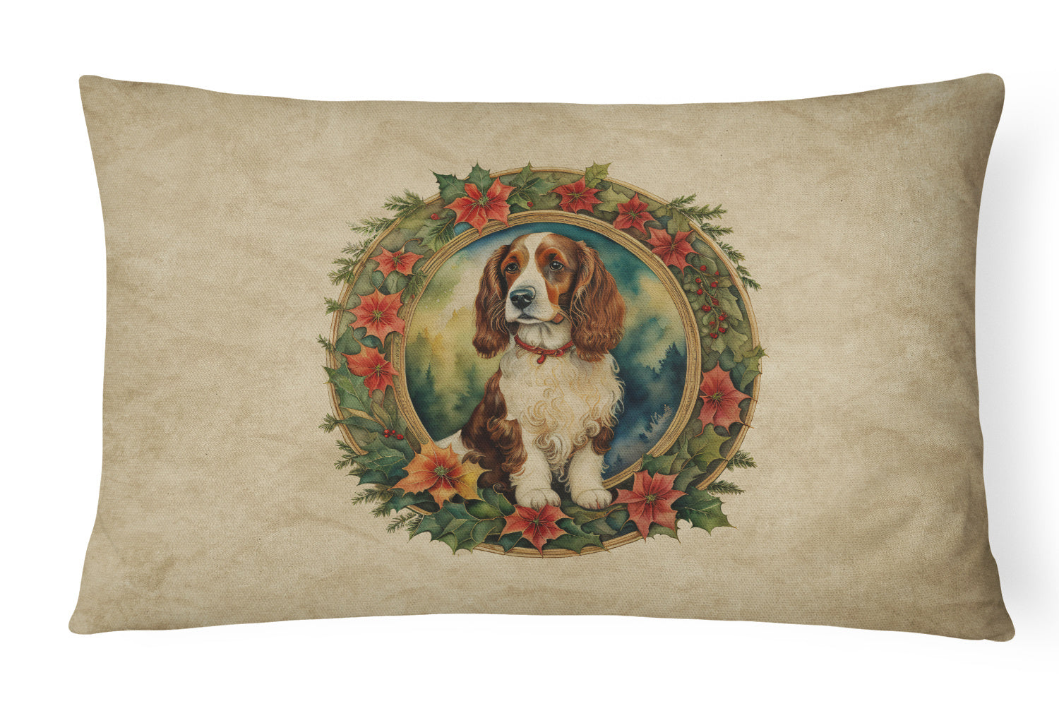 Christmas Flowers Frame Throw Pillow Throw Pillow for Indoor Couch Bed Outdoor Patio Washable, Welsh Springer Spaniel 2442,12Hx16W