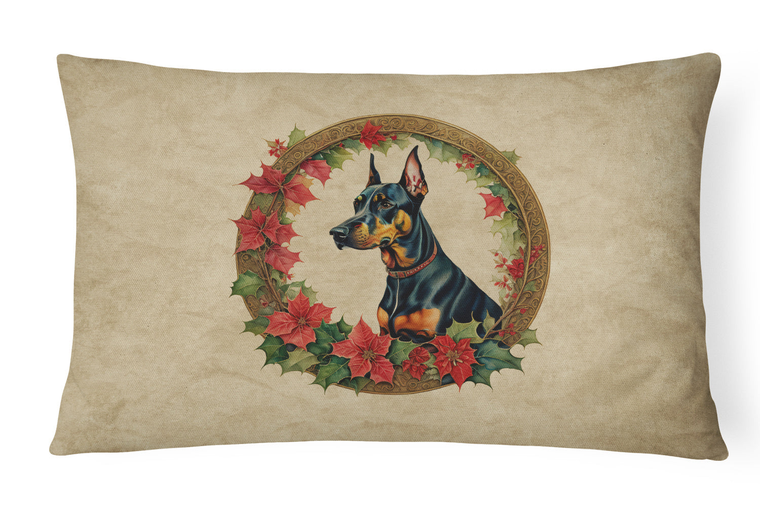 Christmas Flowers Frame Throw Pillow Throw Pillow for Indoor Couch Bed Outdoor Patio Washable, Doberman Pinscher 2355,12Hx16W