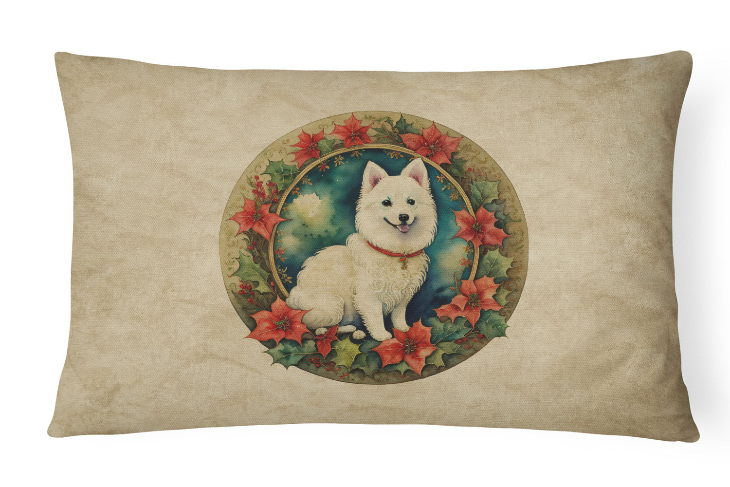 Christmas Flowers Frame Throw Pillow Throw Pillow for Indoor Couch Bed Outdoor Patio Washable, Japanese Spitz 2382,12Hx16W