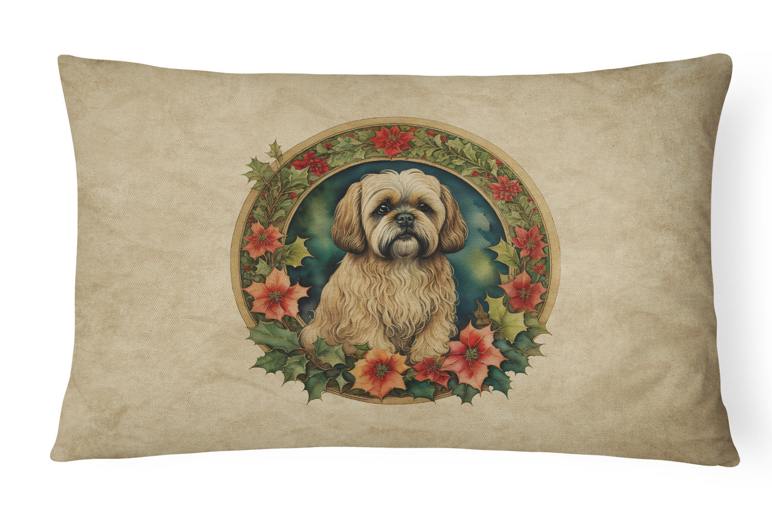 Christmas Flowers Frame Throw Pillow Throw Pillow for Indoor Couch Bed Outdoor Patio Washable, Lhasa Apso 2392,12Hx16W