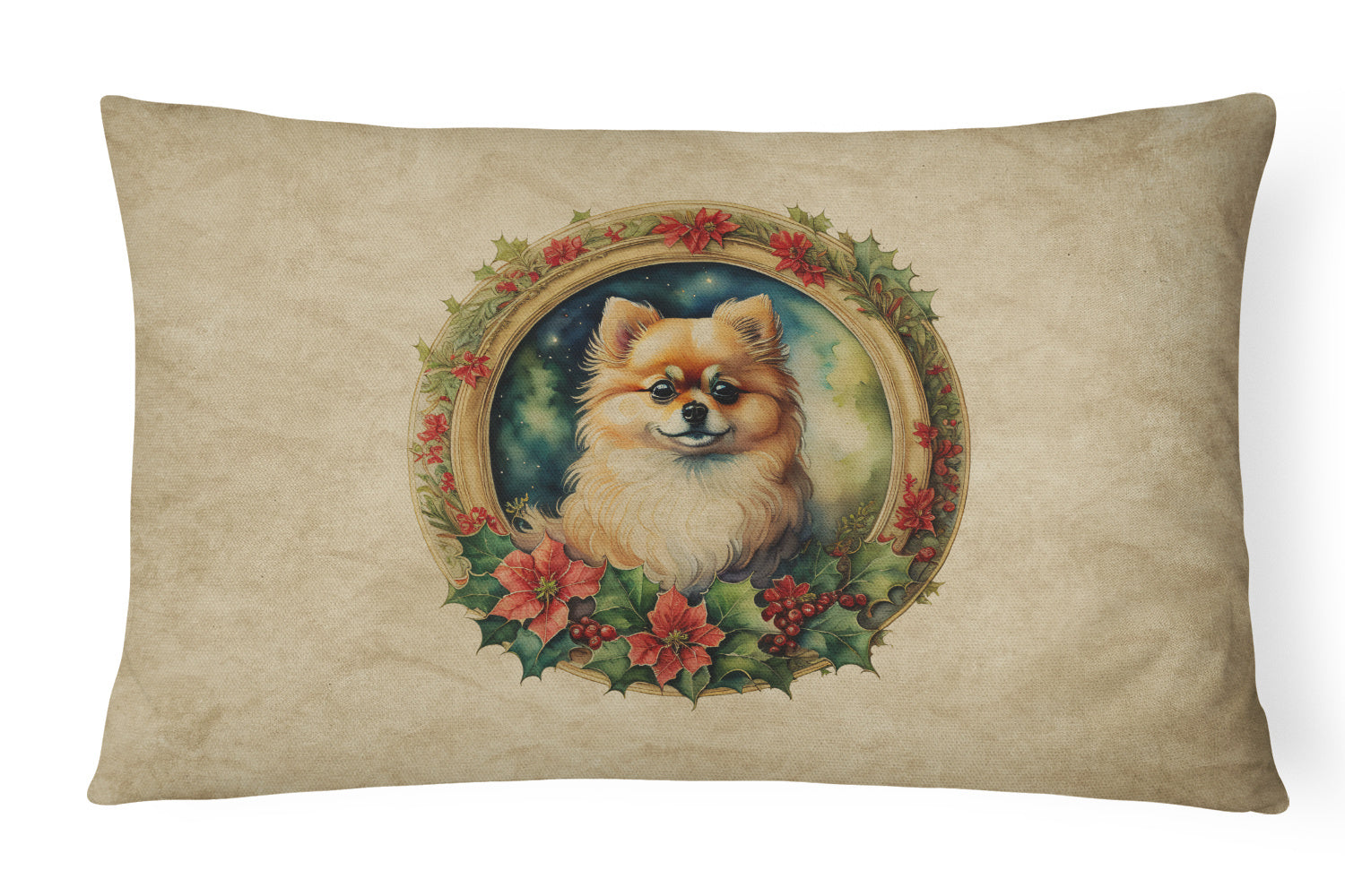 Christmas Flowers Frame Throw Pillow Throw Pillow for Indoor Couch Bed Outdoor Patio Washable, Pomeranian 2406,12Hx16W