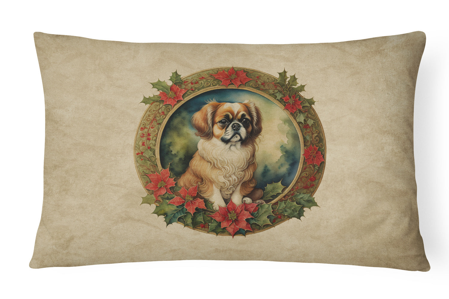 Christmas Flowers Frame Throw Pillow Throw Pillow for Indoor Couch Bed Outdoor Patio Washable, Tibetan Spaniel 2438,12Hx16W