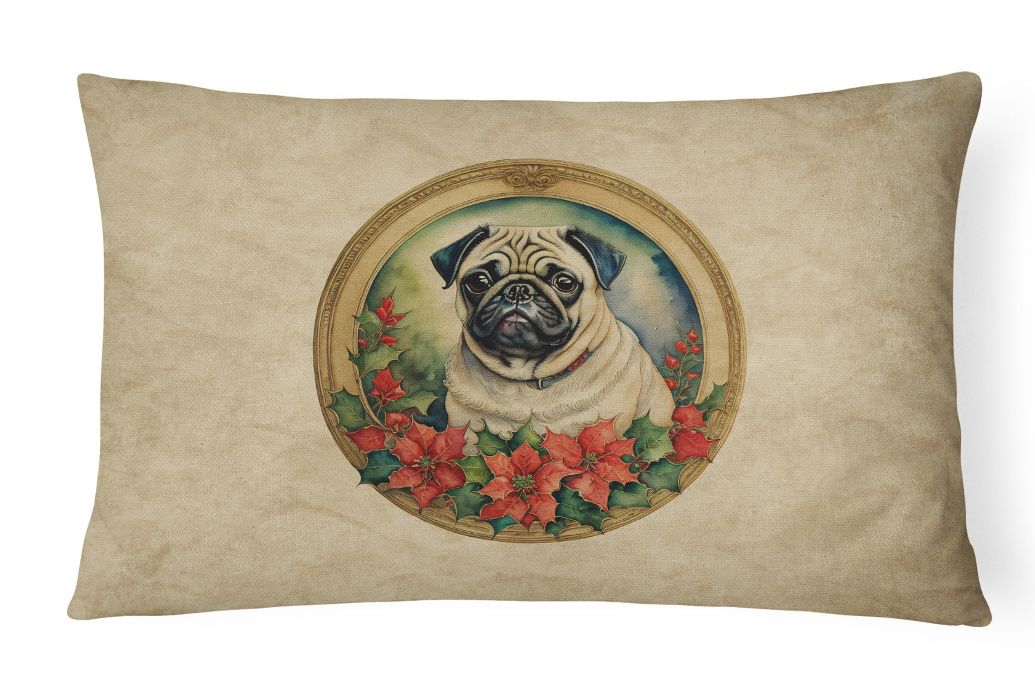 Christmas Flowers Frame Throw Pillow Throw Pillow for Indoor Couch Bed Outdoor Patio Washable, Pug 2414,12Hx16W