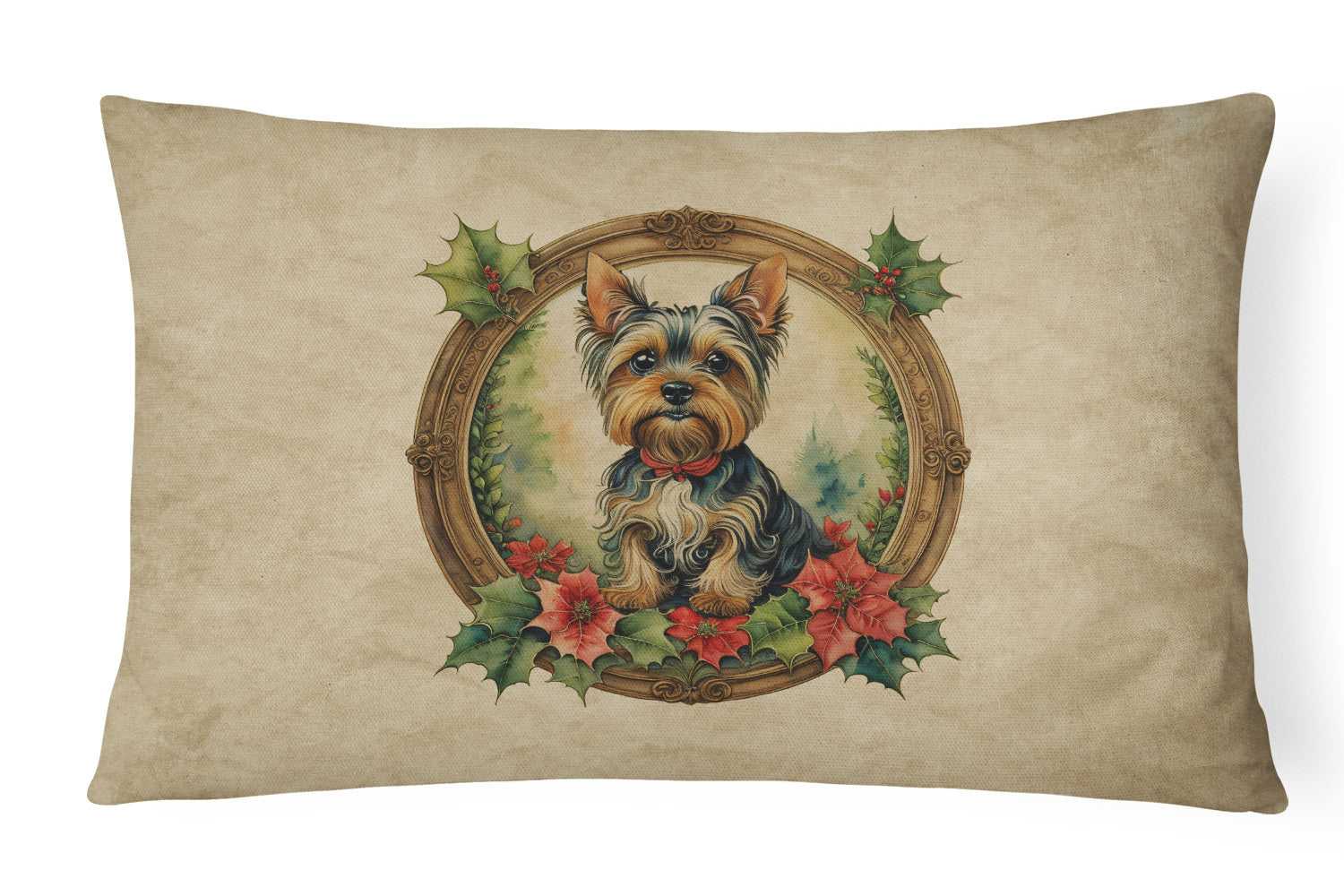 Christmas Flowers Frame Throw Pillow Throw Pillow for Indoor Couch Bed Outdoor Patio Washable, Yorkshire Terrier 2447,12Hx16W