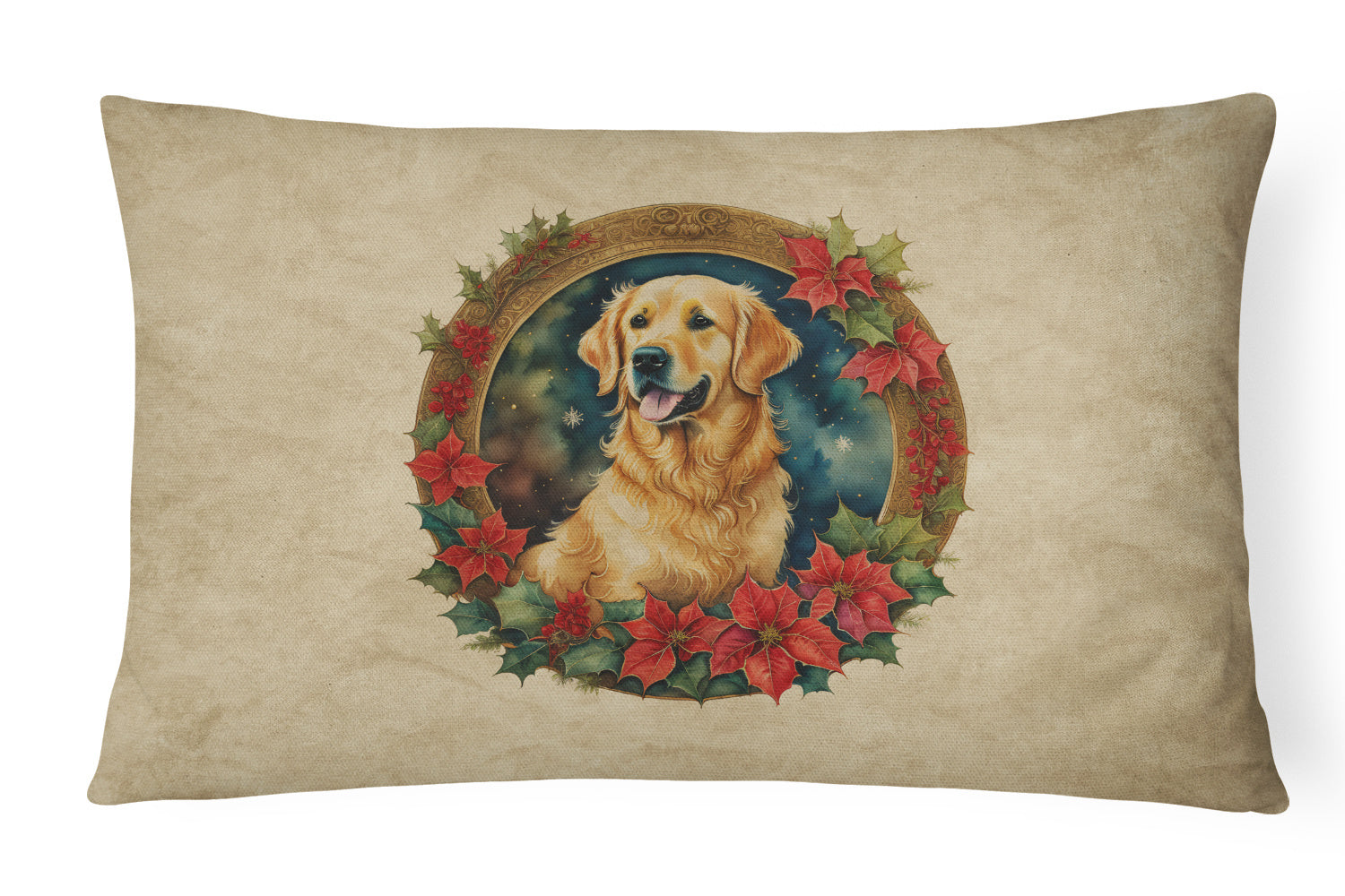 Christmas Flowers Frame Throw Pillow Throw Pillow for Indoor Couch Bed Outdoor Patio Washable, Golden Retriever 2371,12Hx16W