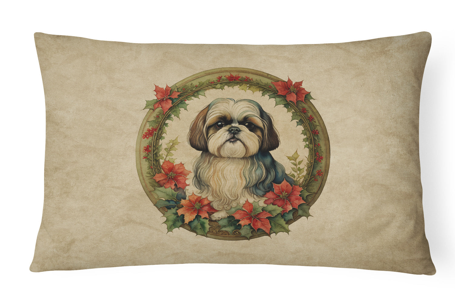 Christmas Flowers Frame Throw Pillow Throw Pillow for Indoor Couch Bed Outdoor Patio Washable, Shih Tzu 2431,12Hx16W