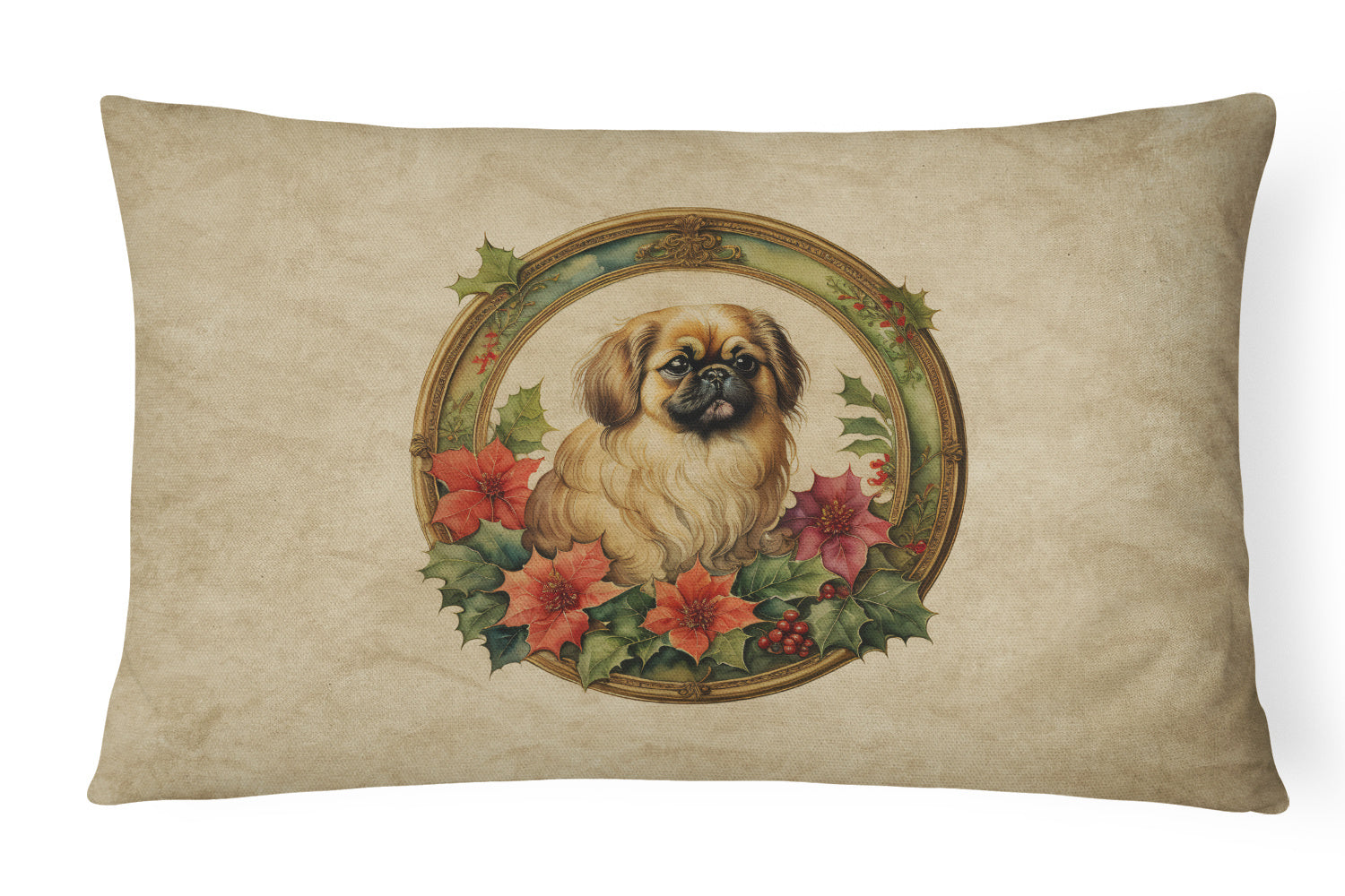 Christmas Flowers Frame Throw Pillow Throw Pillow for Indoor Couch Bed Outdoor Patio Washable, Pekingese 2404,12Hx16W