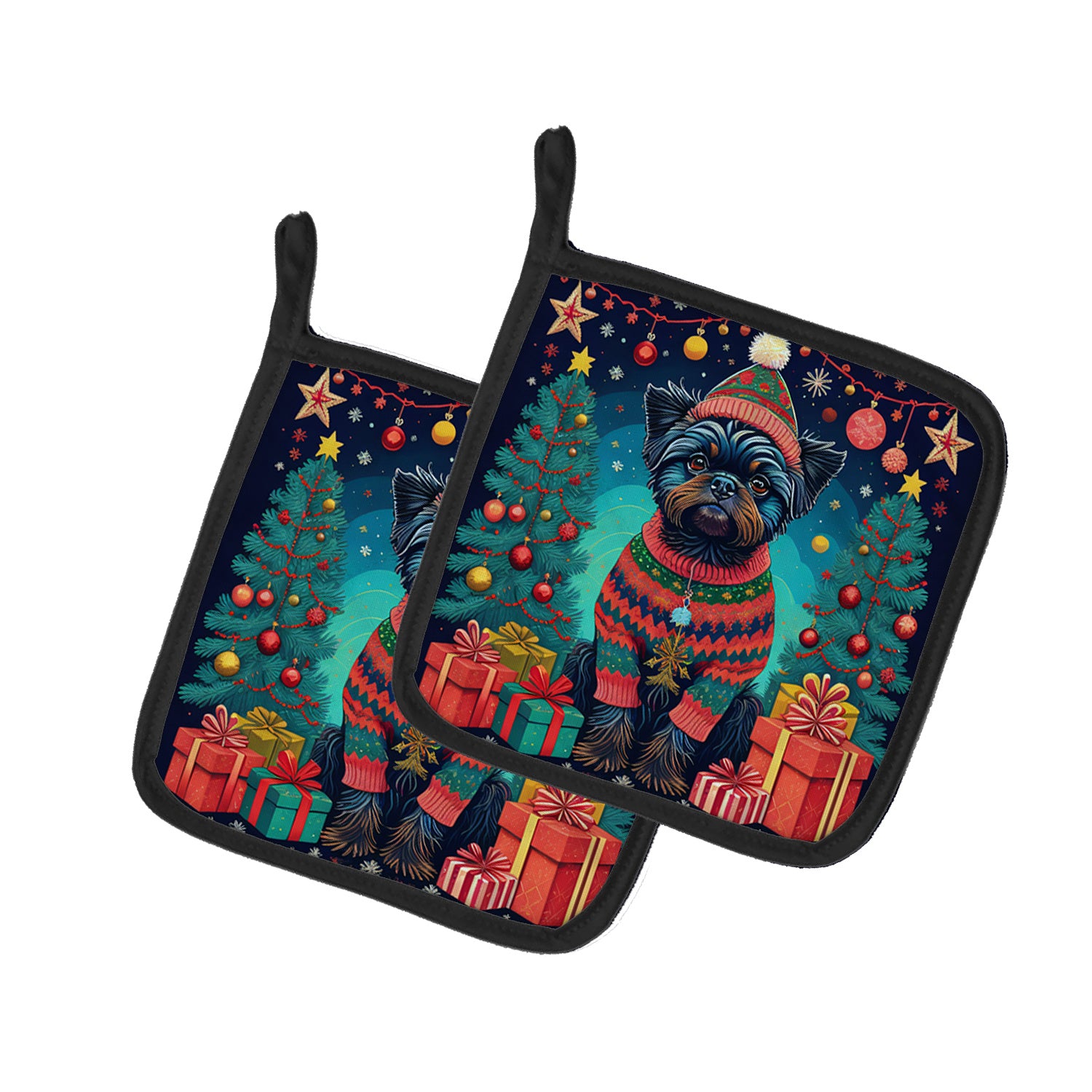 Affenpinscher Christmas Pair of Pot Holders Kitchen Heat Resistant Pot Holders Sets Oven Hot Pads for Cooking Baking BBQ, 7 1/2 x 7 1/2