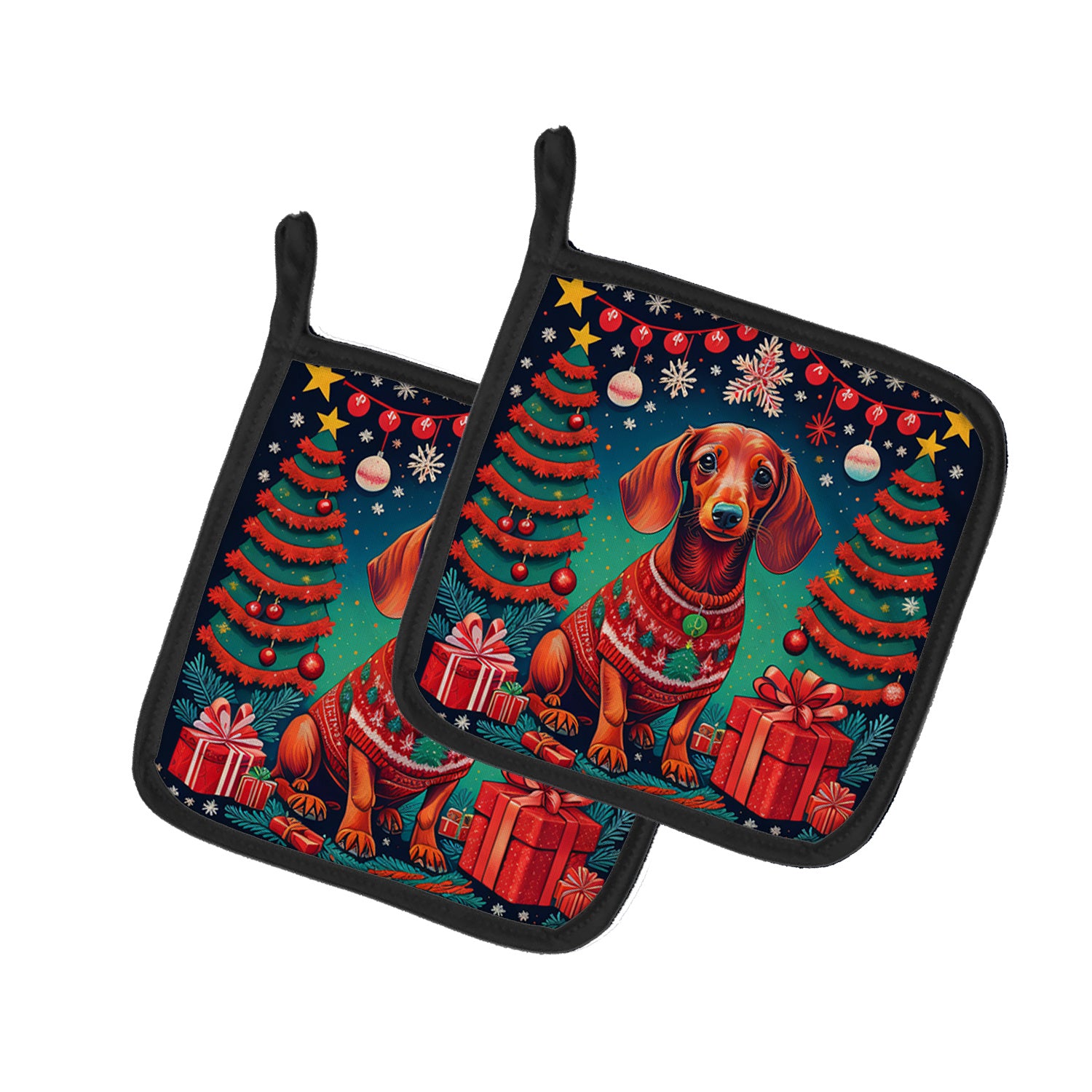 Dachshund Christmas Pair of Pot Holders Kitchen Heat Resistant Pot Holders Sets Oven Hot Pads for Cooking Baking BBQ, 7 1/2 x 7 1/2