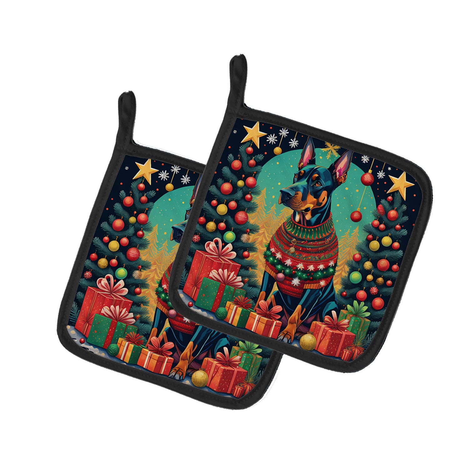 Doberman Pinscher Christmas Pair of Pot Holders Kitchen Heat Resistant Pot Holders Sets Oven Hot Pads for Cooking Baking BBQ, 7 1/2 x 7 1/2