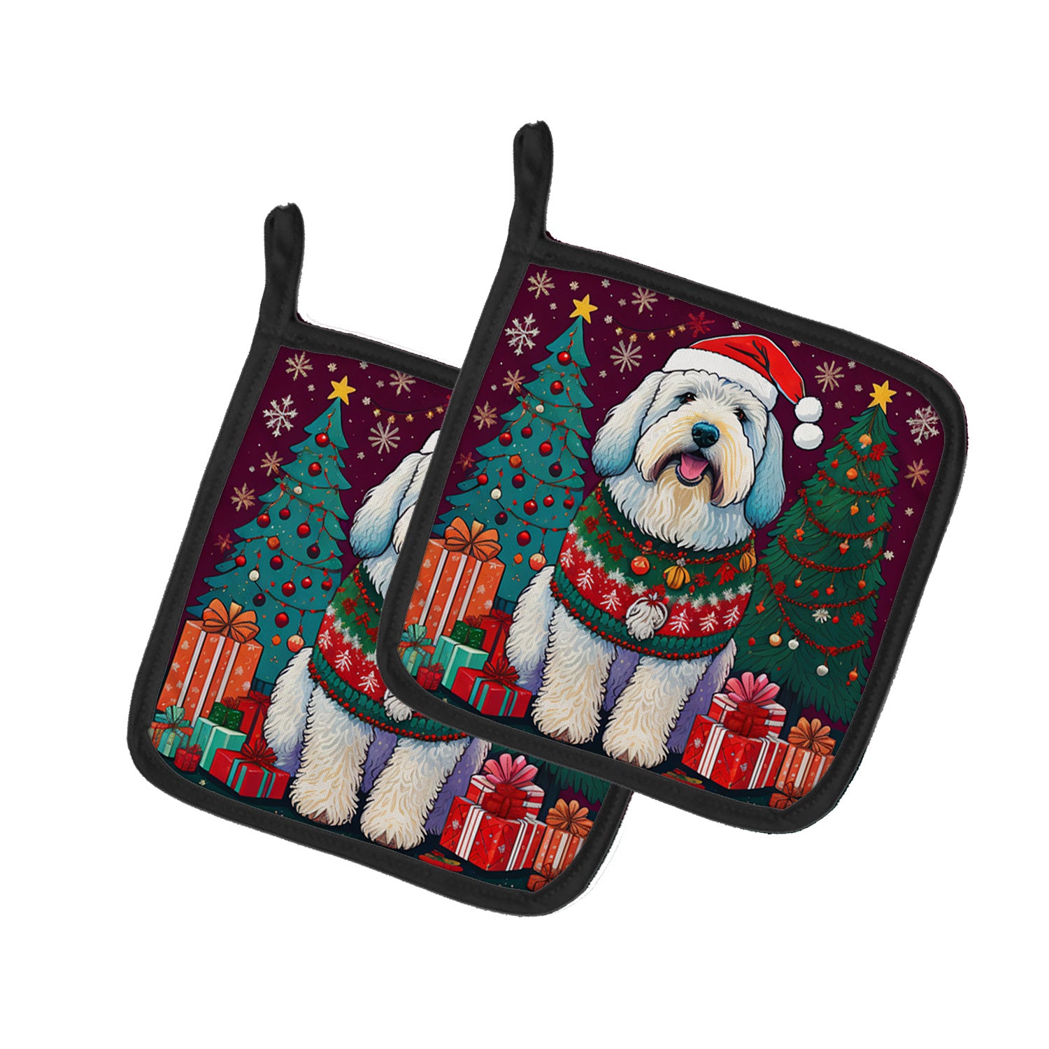 Old English Sheepdog Christmas Pair of Pot Holders Kitchen Heat Resistant Pot Holders Sets Oven Hot Pads for Cooking Baking BBQ, 7 1/2 x 7 1/2