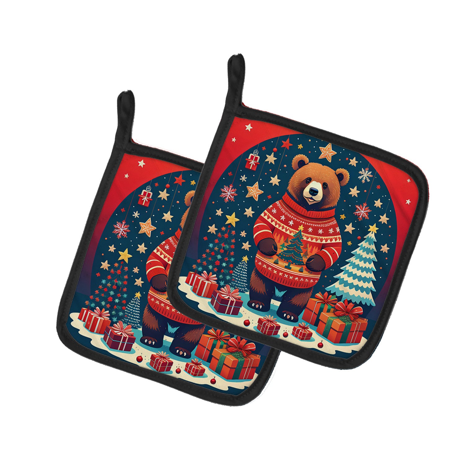 Bear Christmas Pair of Pot Holders Kitchen Heat Resistant Pot Holders Sets Oven Hot Pads for Cooking Baking BBQ, 7 1/2 x 7 1/2