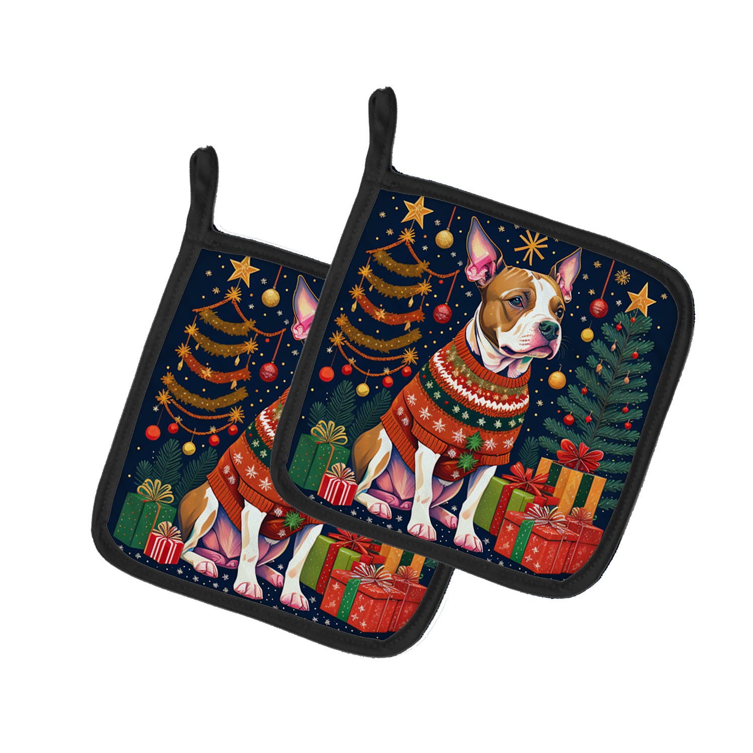 NEW Pit Bull Terrier Christmas Pair of Pot Holders Kitchen Heat Resistant Pot Holders Sets Oven Hot Pads for Cooking Baking BBQ, 7 1/2 x 7 1/2