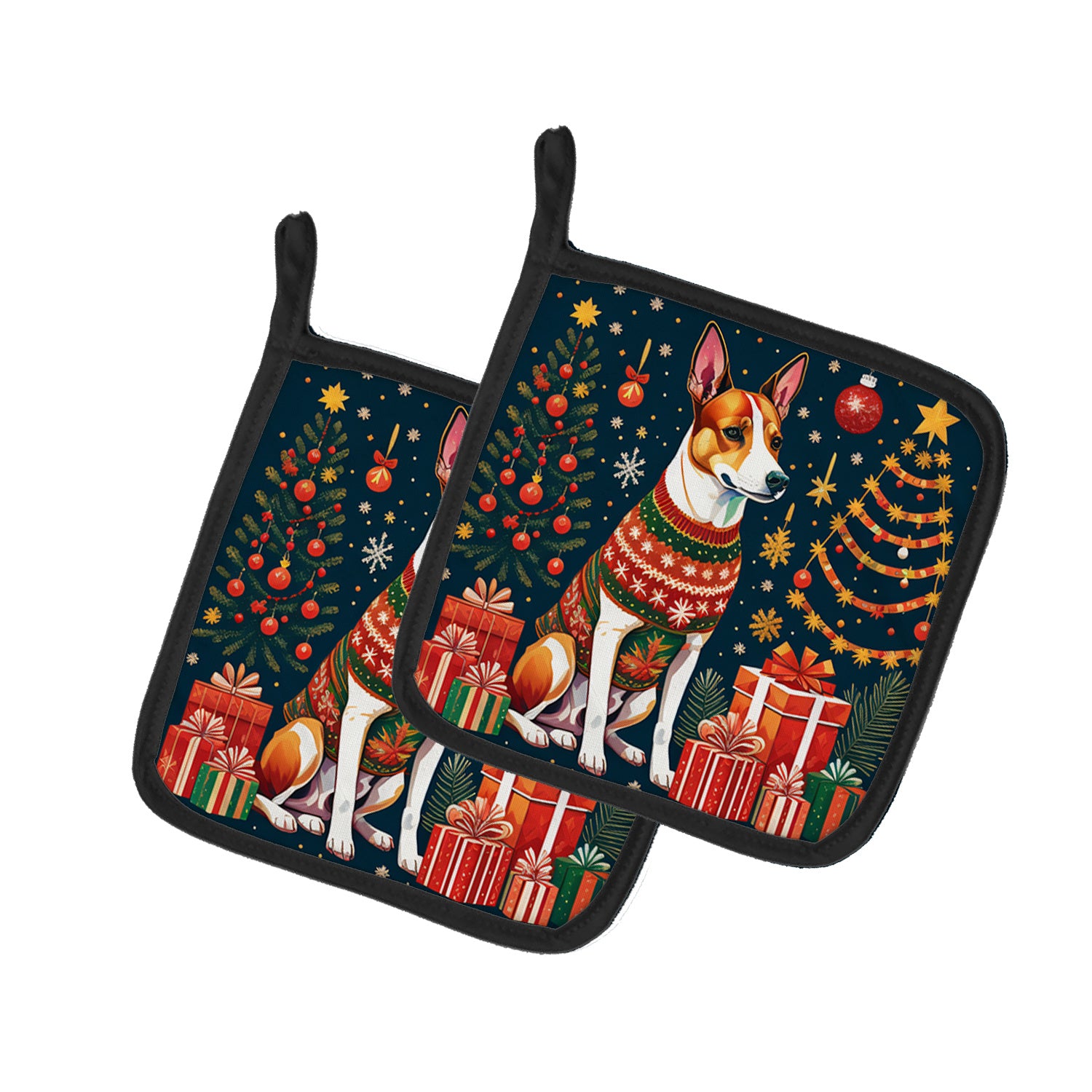 Basenji Christmas Pair of Pot Holders Kitchen Heat Resistant Pot Holders Sets Oven Hot Pads for Cooking Baking BBQ, 7 1/2 x 7 1/2