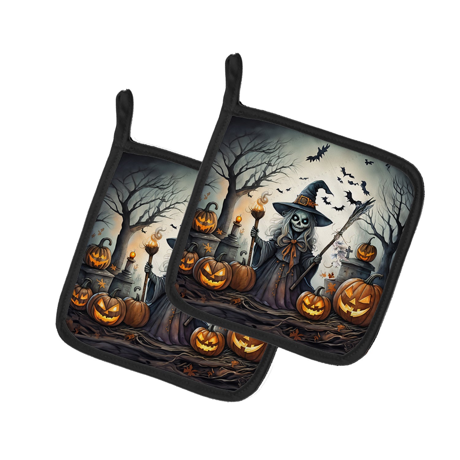 Witch Spooky Halloween Pair of Pot Holders Kitchen Heat Resistant Pot Holders Sets Oven Hot Pads for Cooking Baking BBQ, 7 1/2 x 7 1/2