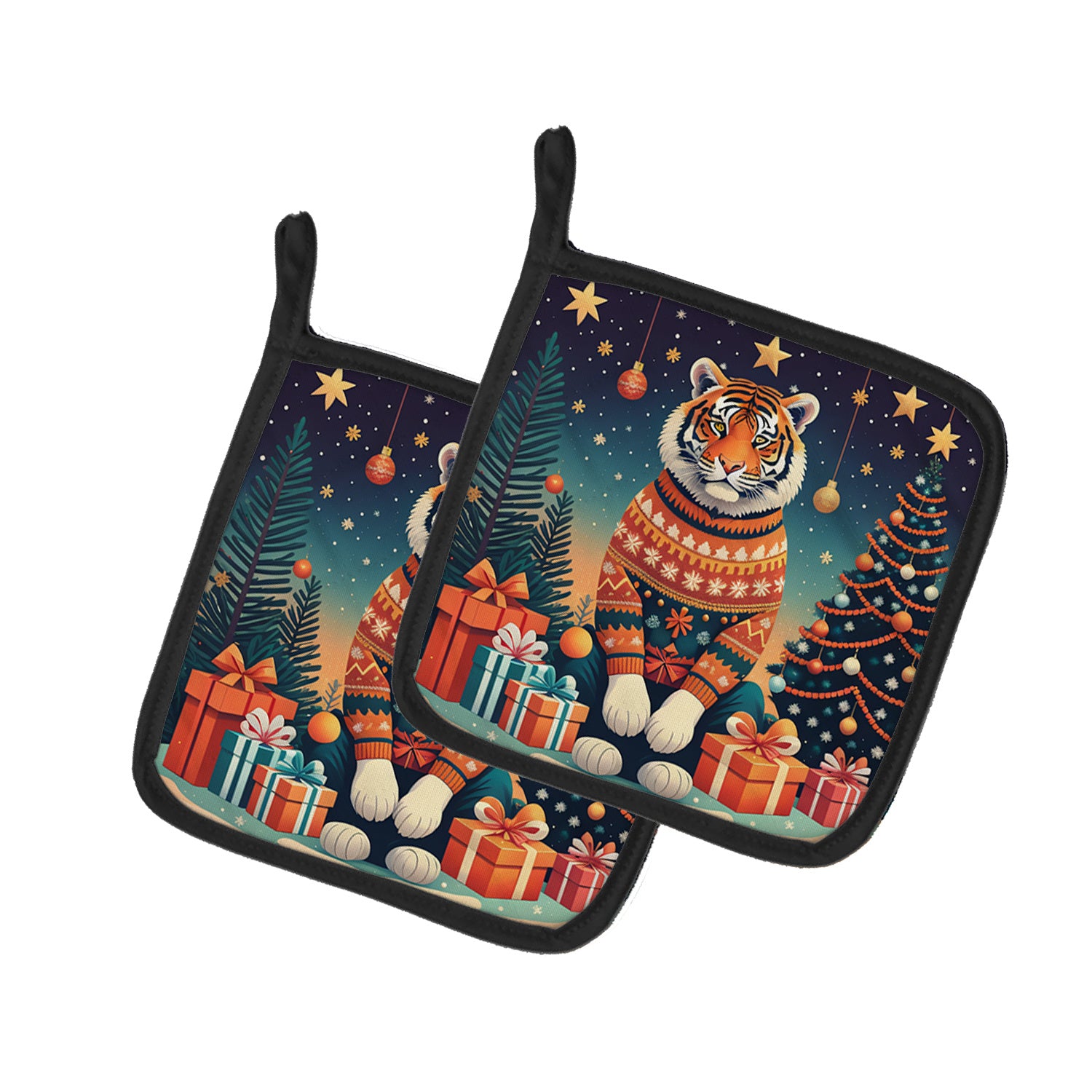 Tiger Christmas Pair of Pot Holders Kitchen Heat Resistant Pot Holders Sets Oven Hot Pads for Cooking Baking BBQ, 7 1/2 x 7 1/2