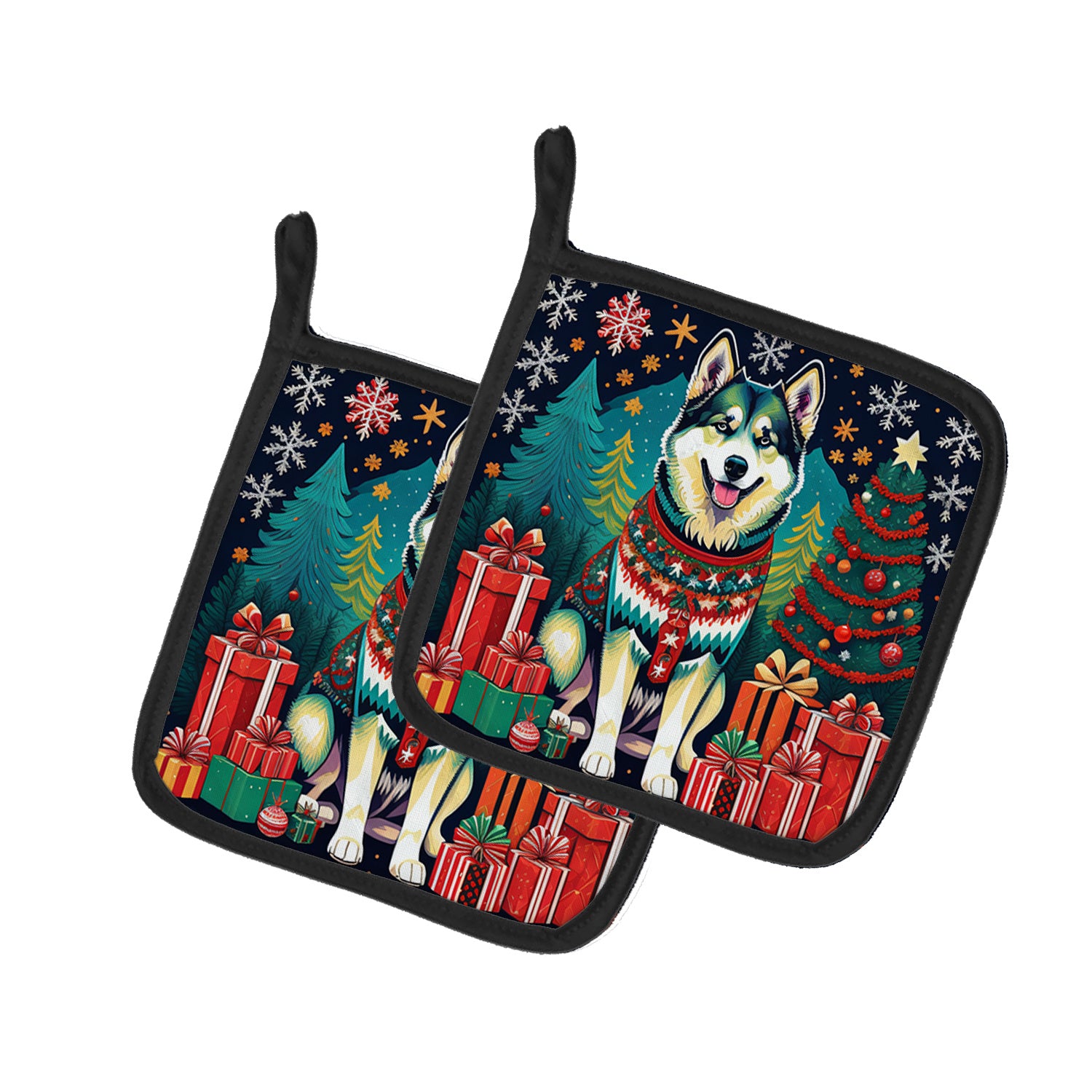 Alaskan Malamute Christmas Pair of Pot Holders Kitchen Heat Resistant Pot Holders Sets Oven Hot Pads for Cooking Baking BBQ, 7 1/2 x 7 1/2