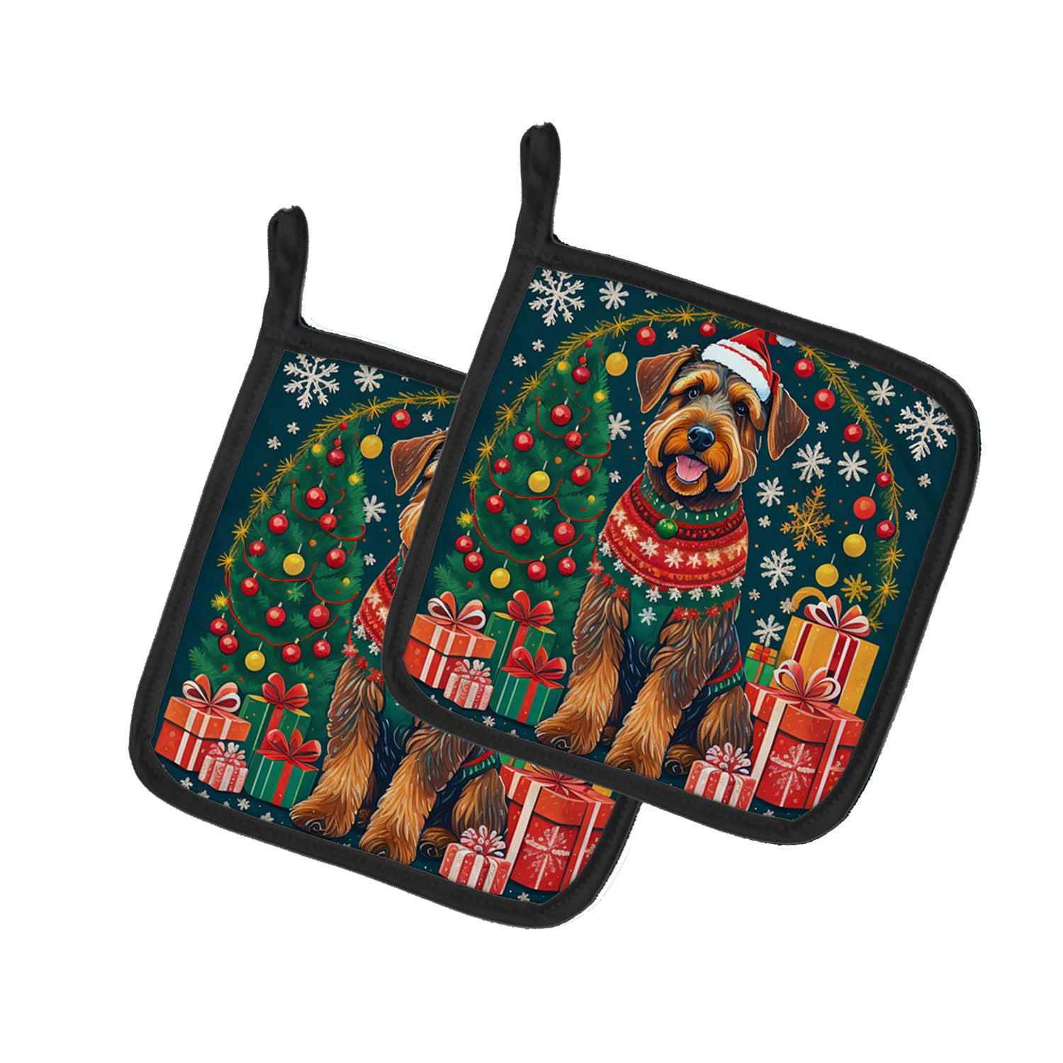 Airedale Terrier Christmas Pair of Pot Holders Kitchen Heat Resistant Pot Holders Sets Oven Hot Pads for Cooking Baking BBQ, 7 1/2 x 7 1/2