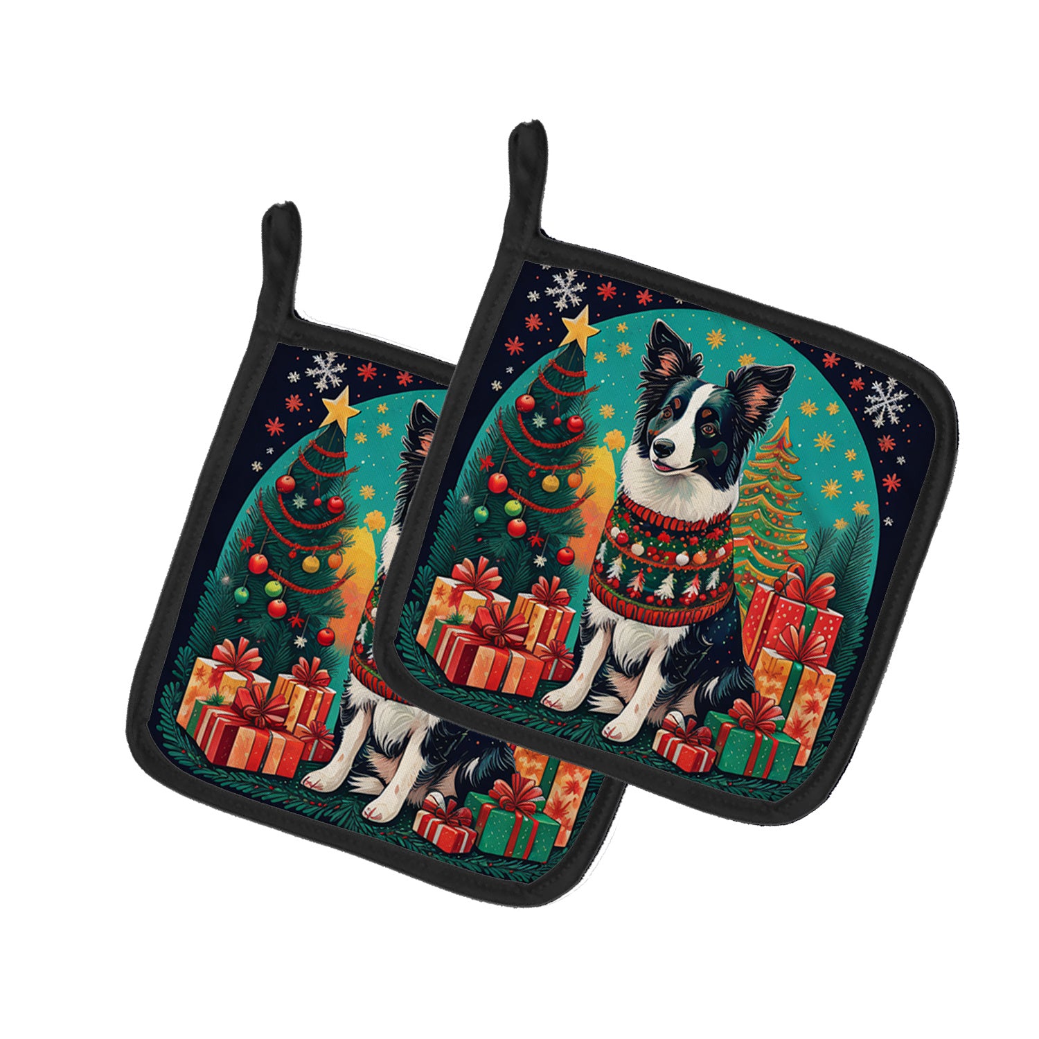 Border Collie Christmas Pair of Pot Holders Kitchen Heat Resistant Pot Holders Sets Oven Hot Pads for Cooking Baking BBQ, 7 1/2 x 7 1/2