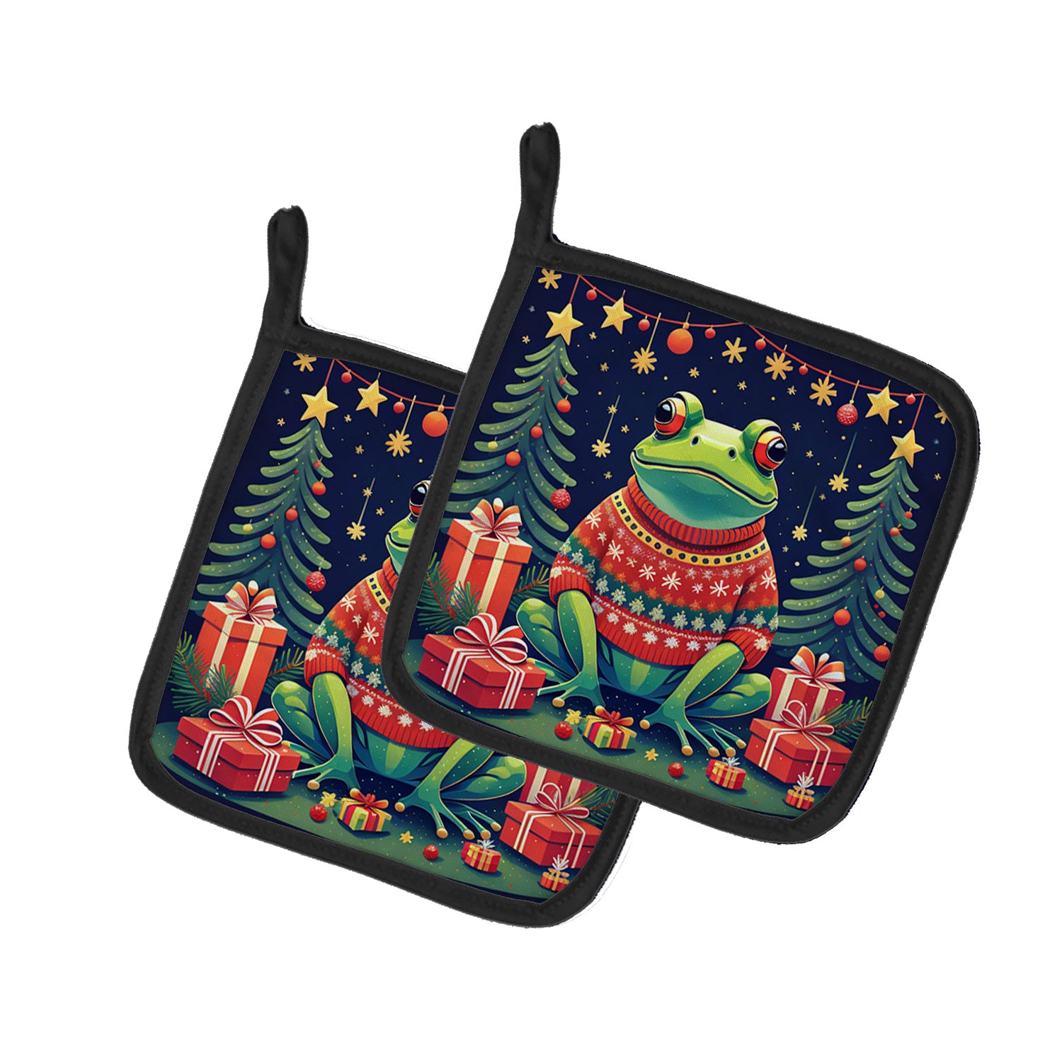 Frog Christmas Pair of Pot Holders Kitchen Heat Resistant Pot Holders Sets Oven Hot Pads for Cooking Baking BBQ, 7 1/2 x 7 1/2