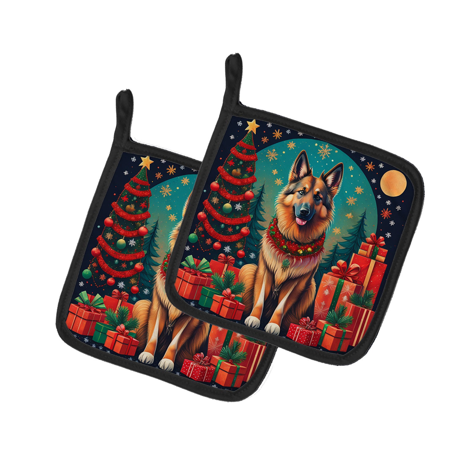 Belgian Tervuren Christmas Pair of Pot Holders Kitchen Heat Resistant Pot Holders Sets Oven Hot Pads for Cooking Baking BBQ, 7 1/2 x 7 1/2